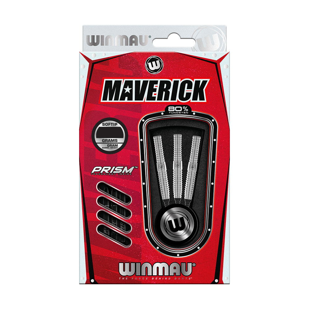 2465_Winmau_Maverick_Softdarts_3 Das Bild zeigt eine Verpackung der Winmau Maverick Softdarts mit 20 Gramm. Die Verpackung ist rot und enthält drei silberne Darts mit Prism-Schäften.