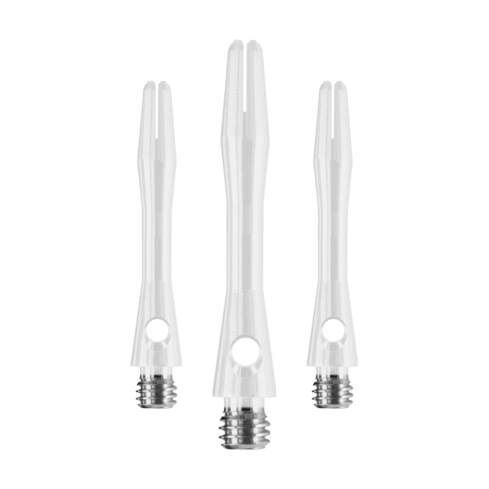 Das Bild zeigt drei weiße Harrows Keramic Shafts für Darts. Sie haben einen glänzenden Metallgewinde am unteren Ende.