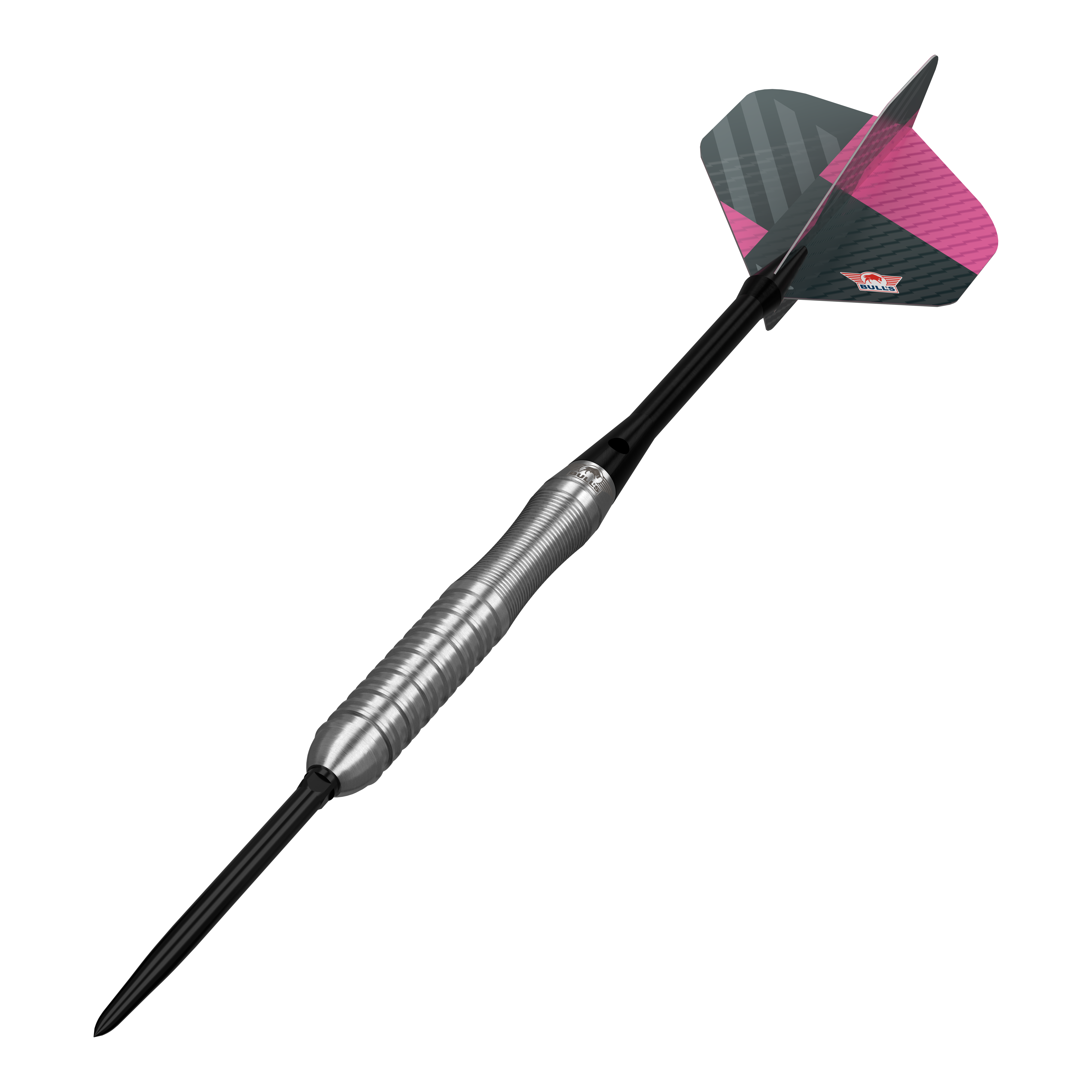 Šipky Bulls NL Volt Pink Convertible Point Steel Darts Zu sehen sind Bulls NL Volt Pink Convertible Point Steeldarts. Das Set wird aus einer anderen Perspektive gezeigt.
