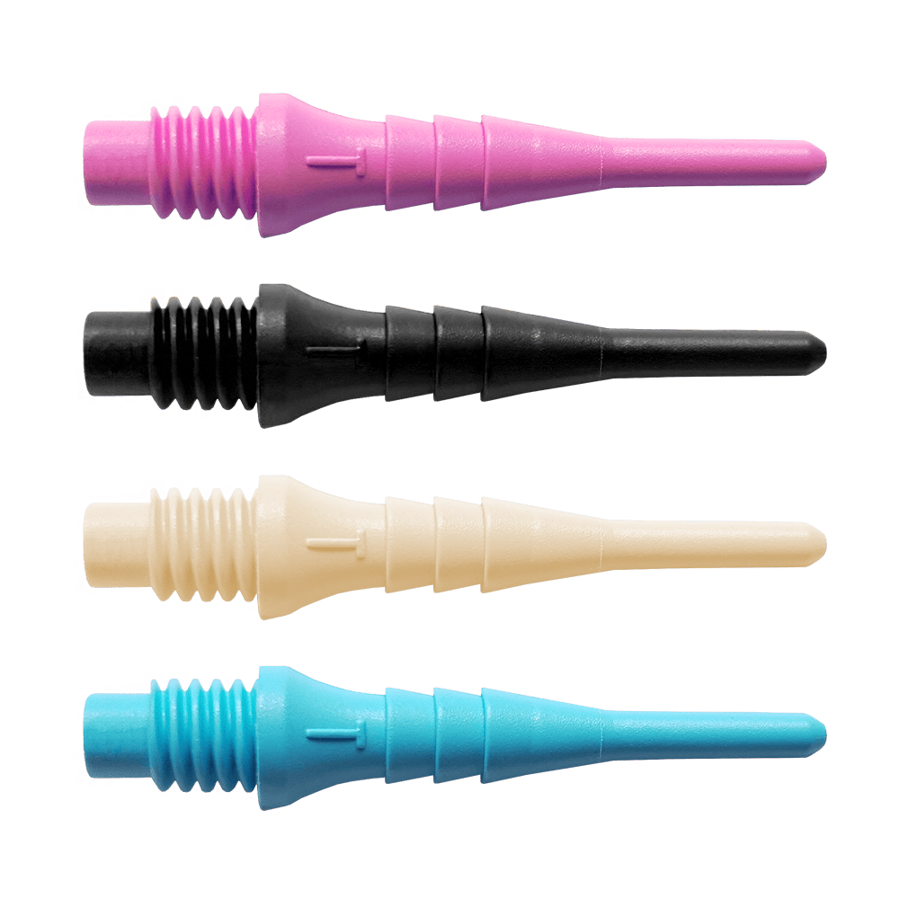 Bulls_Tefo-X_Softdartspitzen_-bersicht_1 Das Bild zeigt vier verschiedene Bulls Tefo-X Shark Points in den Farben Rosa, Schwarz, Weiß und Blau. Diese Spitzen sind Ersatzteile für Softdarts und kommen im 100er Pack.