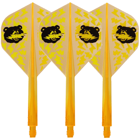 Condor Axe Black Bear Miyu Miyawaki Flight-Shaft Neon Orange - Standard Das Bild zeigt vier neonorange Dartflights mit gelbem Blitzmuster und einem schwarzen Bärenkopf darauf. Die Flights sind in Standard-Form gestaltet und tragen den Namen "Condor Axe Black Bear Miyu Miyawaki".