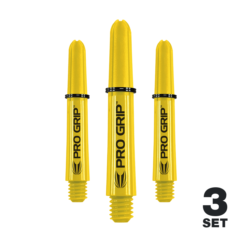 Tiges Target Pro Grip - 3 jeux - Jaune Auf dem Bild sind drei gelbe Dartschäfte mit der Aufschrift "PRO GRIP" zu sehen. In der rechten unteren Ecke steht "3 SET".