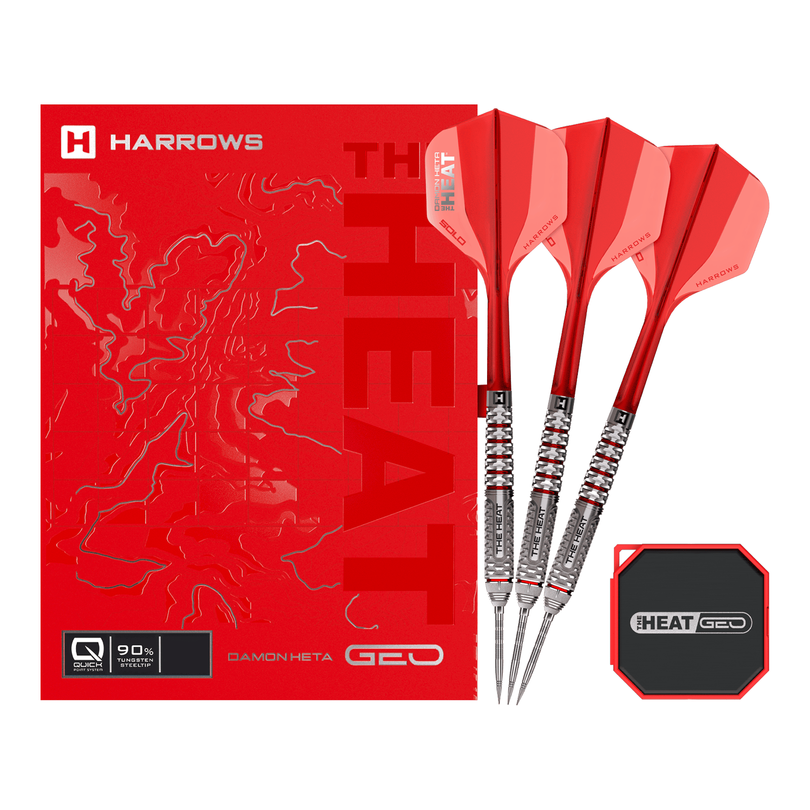 Harrows Damon Heta Geo Quick Point Steeldarts Zu sehen ist ein Steeldartpfeil mit markanter Gravur und glänzender Spitze. Der Pfeil wird einzeln präsentiert.