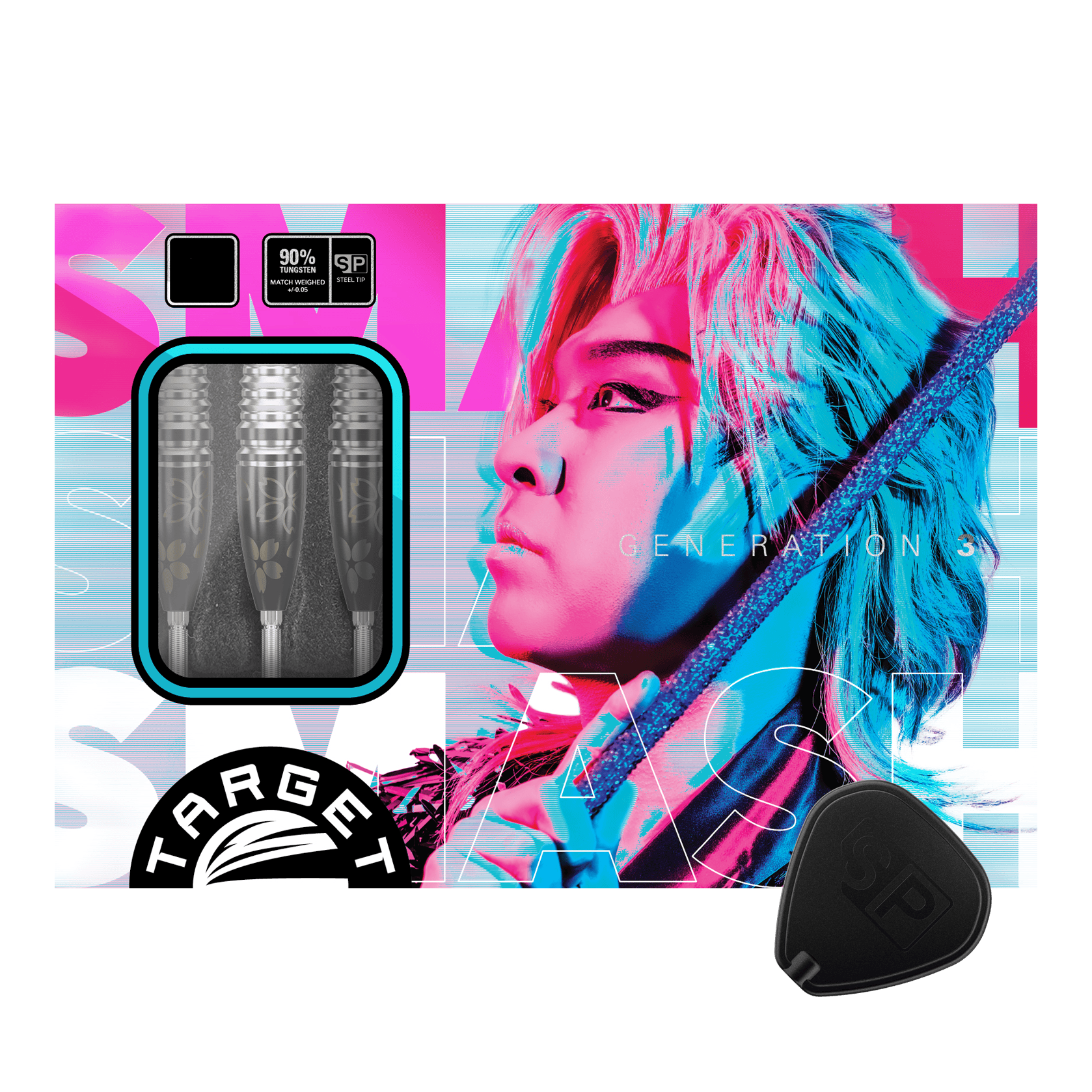 Dardos de acero Target Japan Junya Koikawa Charm Smash GEN3 Swiss Point - 23 g Das Bild zeigt die Verpackung der "Target Japan Junya Koikawa Charm Smash GEN3 Swiss Point Steeldarts - 23g". Auf der Verpackung ist ein farbenfrohes Porträt einer Person sowie die Darts selbst abgebildet.