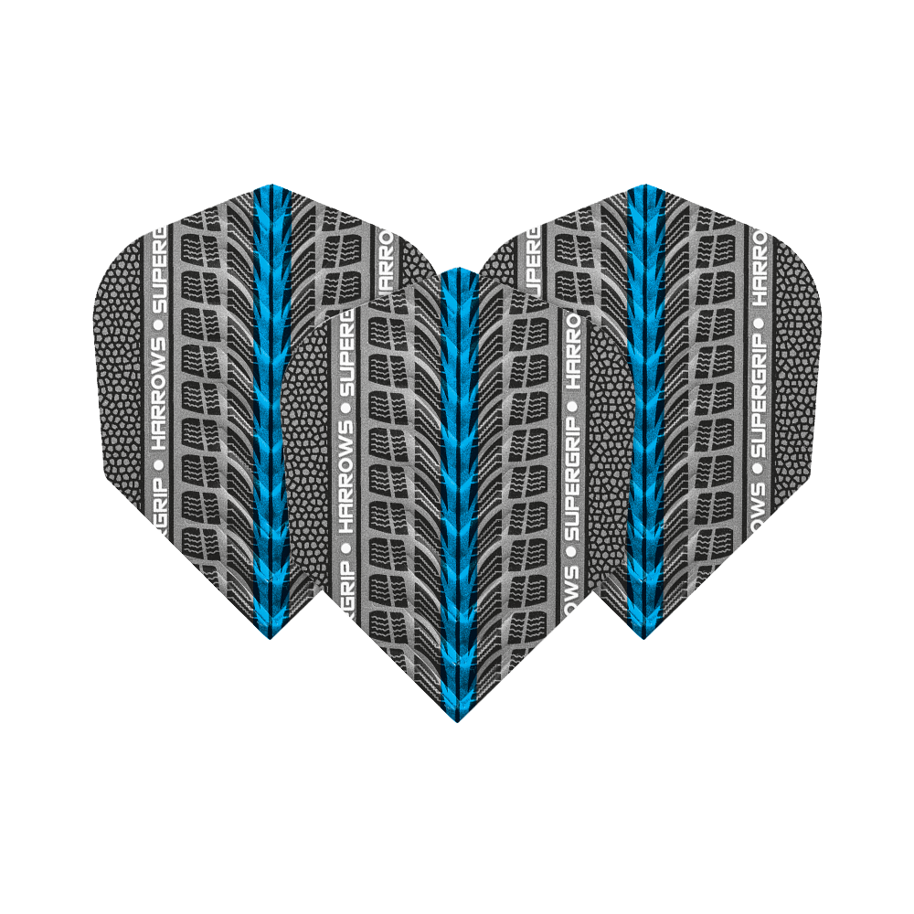 HR75_Harrows_Supergrip_Blau_No6_Flights_1JhGJkScJpDoxl Das Bild zeigt drei Harrows Supergrip Blau No6 Flights für Dartpfeile. Das Design ist grau mit blauen und schwarzen Akzenten sowie dem Schriftzug "Harrows Supergrip".