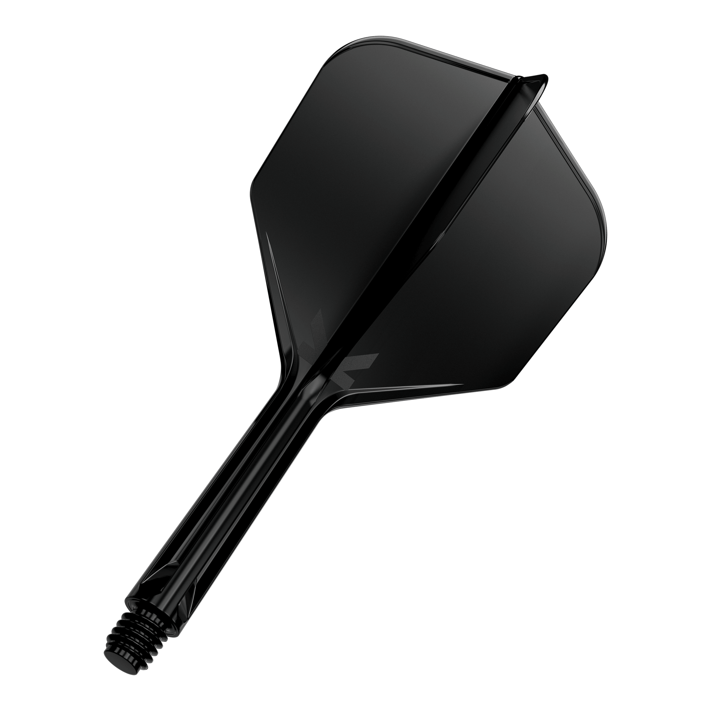 Target K-Flex No6 Flight System - Black Das Bild zeigt einen schwarzen Dartflügel mit Schaft auf schwarzem Hintergrund. Der Schaft ist mit einem Gewinde versehen und die Oberfläche wirkt glänzend.