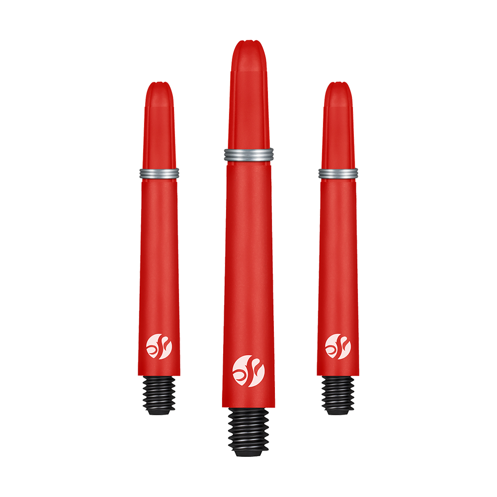 Das Bild zeigt drei rote Dartschäfte mit schwarzen Gewinden und silbernen Ringen. Alle drei Schäfte haben ein weißes Logo aufgedruckt.