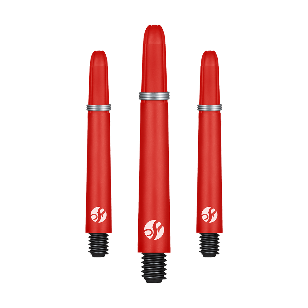 Shot Koi Carbon Shafts - Red Das Bild zeigt drei rote Dartschäfte mit schwarzen Gewinden und silbernen Ringen. Alle drei Schäfte haben ein weißes Logo aufgedruckt.