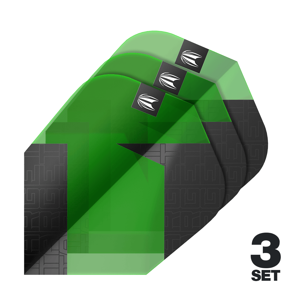 Vuelos estándar Target Pro Ultra TAG Green Ten-X - 3 juegos Auf dem Bild sind drei grüne und schwarze Dart-Flights mit einem modernen Muster zu sehen. Unten rechts steht "3 SET", was auf drei Sets hinweist.