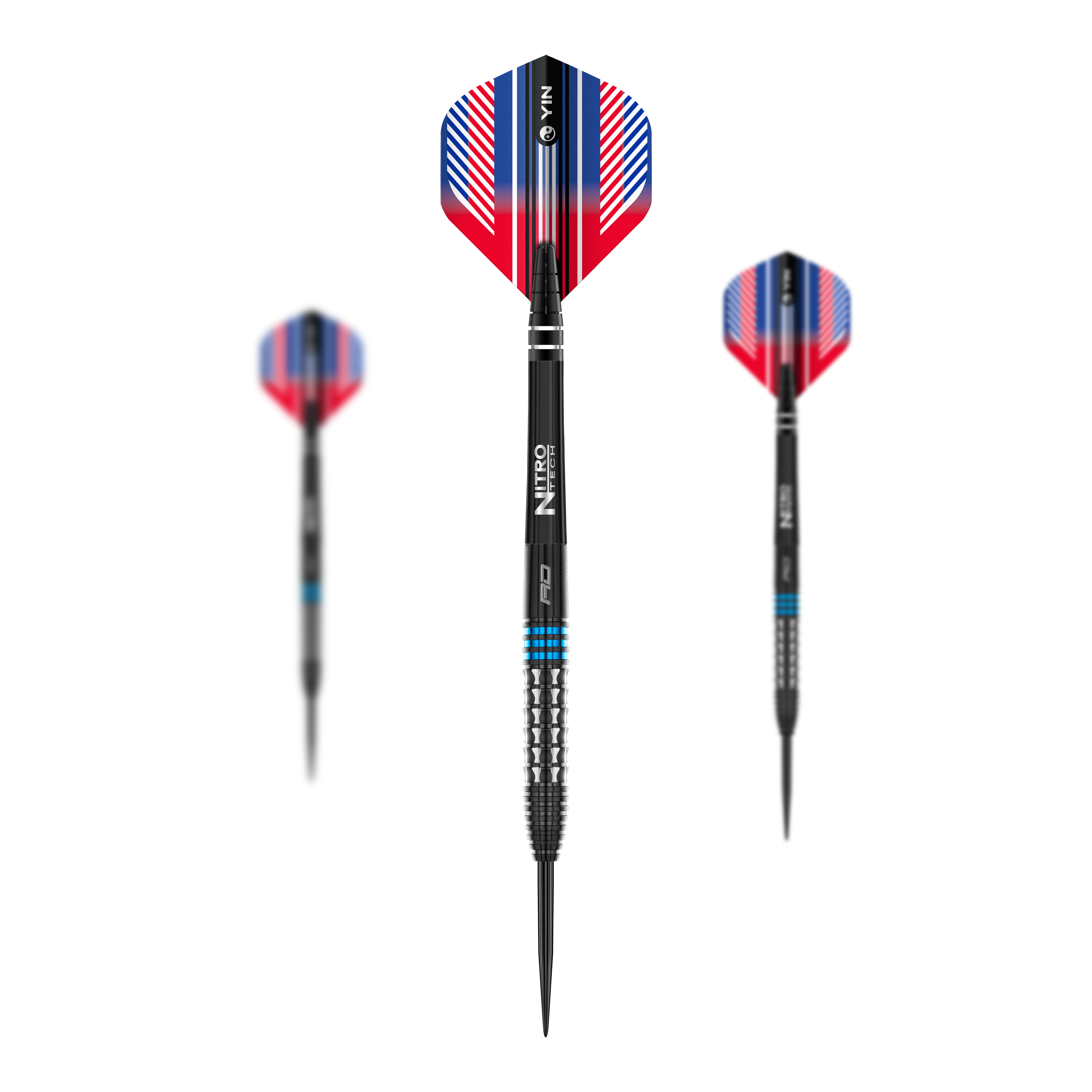 Dardos de acero azul Red Dragon Vengeance Das Bild zeigt drei Steeldarts des Produkts 'Red Dragon Vengeance Blue'. Die Darts haben schwarze Spitzen, silberne Griffe mit blauen Ringen und auffällige Flights in Rot, Blau und Weiß.