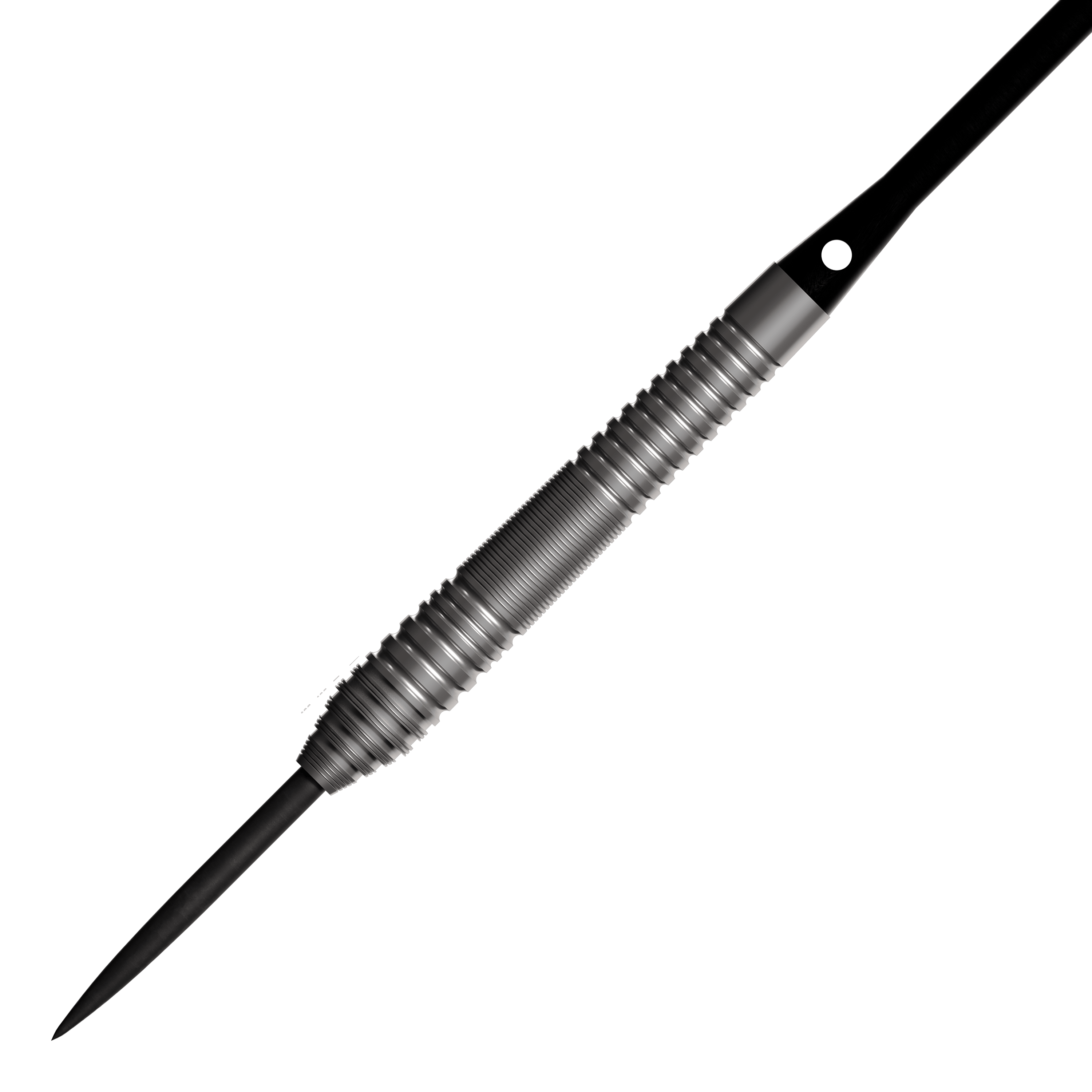 Bulls NL Dirk Van Duijvenbode 80 dardos de acero Auf dem Bild ist ein Steeldart mit einem silbernen, geriffelten Griff und einer schwarzen Spitze zu sehen. Es handelt sich um das Produkt "Bulls NL Dirk Van Duijvenbode 80 Steeldarts".