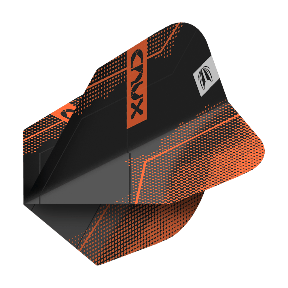 Letky Target Pro Ultra Crux No6 - 3 sady - 3 sady Das Bild zeigt einen schwarzen Dartflight mit orangefarbenen Akzenten und dem Schriftzug "CRUX". Das Produkt heißt "Target Pro Ultra Crux No6 Flights - 3 Sets".