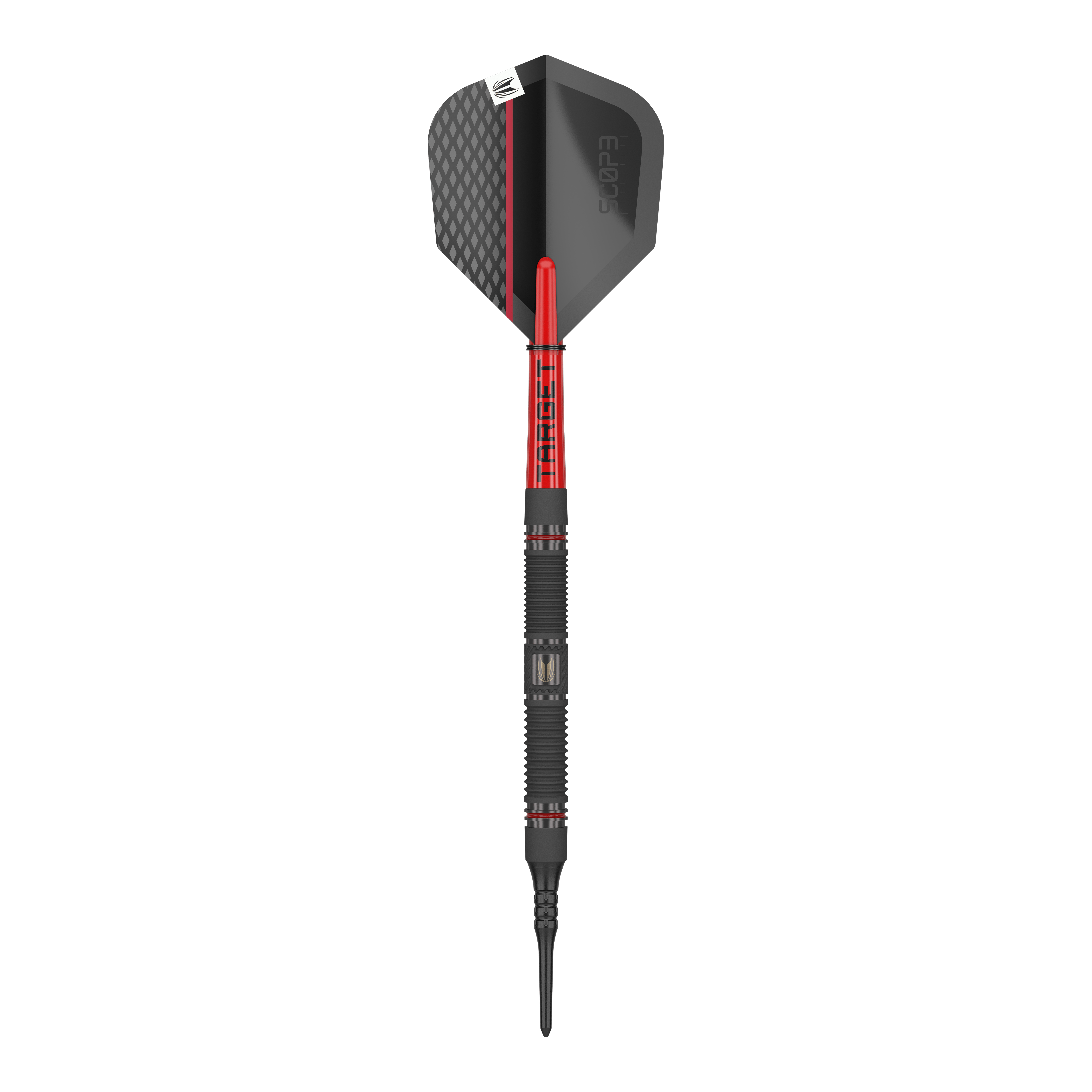 Target Scope 10 Softdarts Das Bild zeigt einen Target Scope 10 Softdart. Der Dartpfeil hat ein schwarzes und rotes Design mit einer strukturierten Spitze und einer schwarzen Flight.