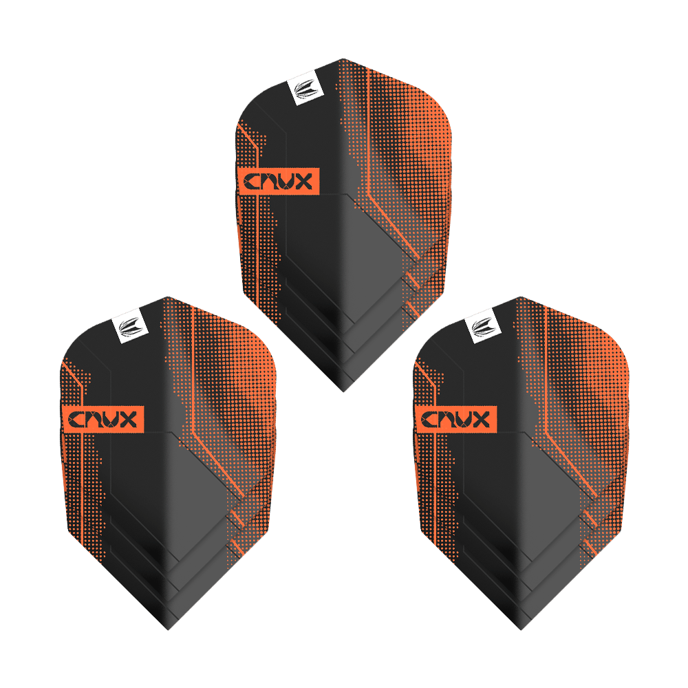 Letky Target Pro Ultra Crux No6 - 3 sady - 3 sady Das Bild zeigt drei Sets von Target Pro Ultra Crux No6 Flights. Die Flights sind schwarz mit orangefarbenen Akzenten und dem Schriftzug "Crux".