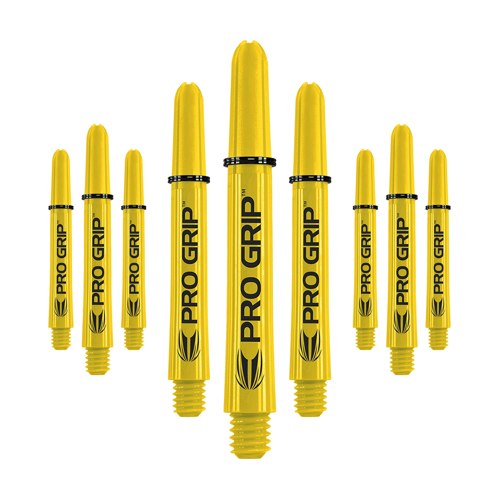 Target Pro Grip Shafts - 3 set - Giallo Das Bild zeigt mehrere gelbe Dartschäfte mit der Aufschrift "PRO GRIP". Die Schäfte sind in einer Reihe angeordnet und haben ein einheitliches Design.