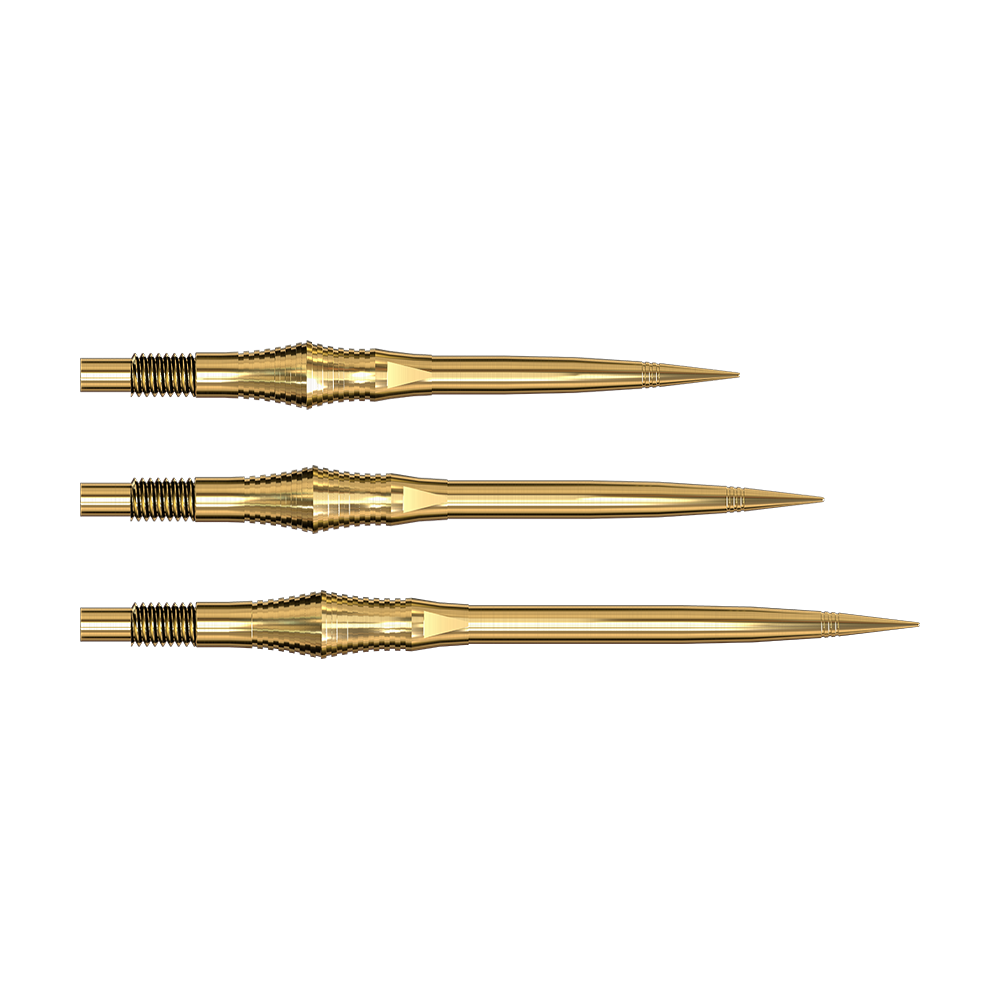 Die Spire Gold Elite Series Dartspitzen sind abgebildet. Sie sind goldfarben und schlank gebaut.