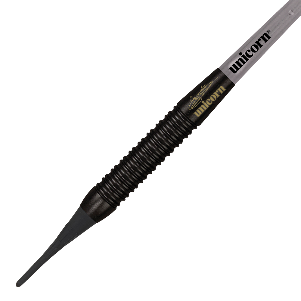 23664_Unicorn_World_Champion_Gary_Anderson_Black_Brass_Softdarts_2 Dies ist ein Softdart der Marke Unicorn, Modell "World Champion Gary Anderson Black Brass" mit 19 Gramm Gewicht. Der Dart hat ein schwarzes, geriffeltes Barrel und einen Kunststoffspitze.