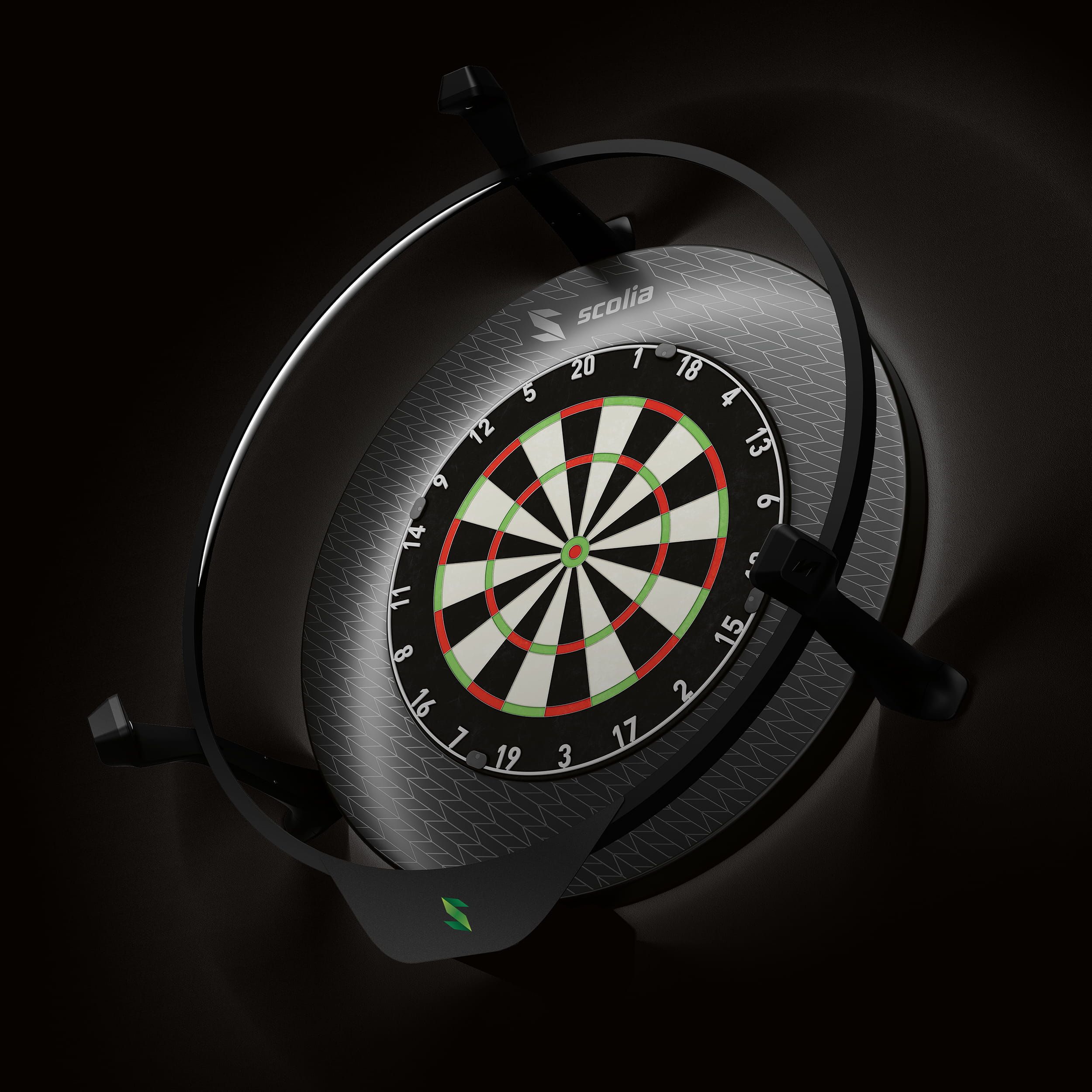 Bordo per bersaglio per freccette Scolia Stealth Hier sieht man das Scolia Stealth Dartboard Surround. Es dient als Schutz und Rahmen für eine Dartscheibe.
