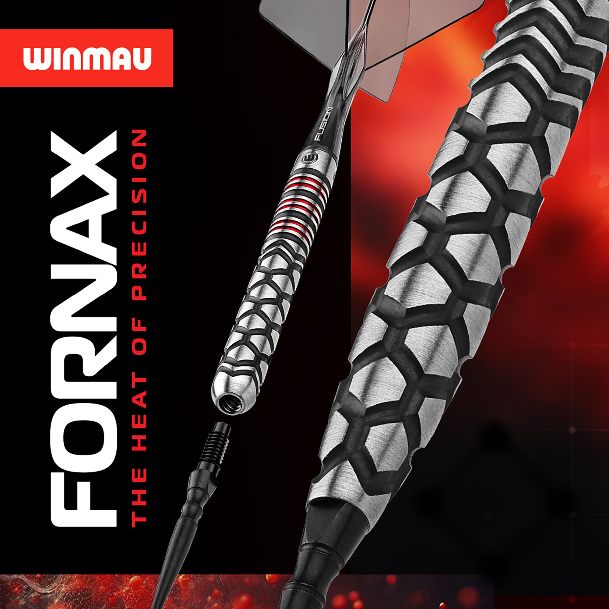 Abgebildet sind die Winmau Fornax Tapered Switch Point Steeldarts. Dieses Produkt zeichnet sich durch eine spezielle Form für präzises Werfen aus.