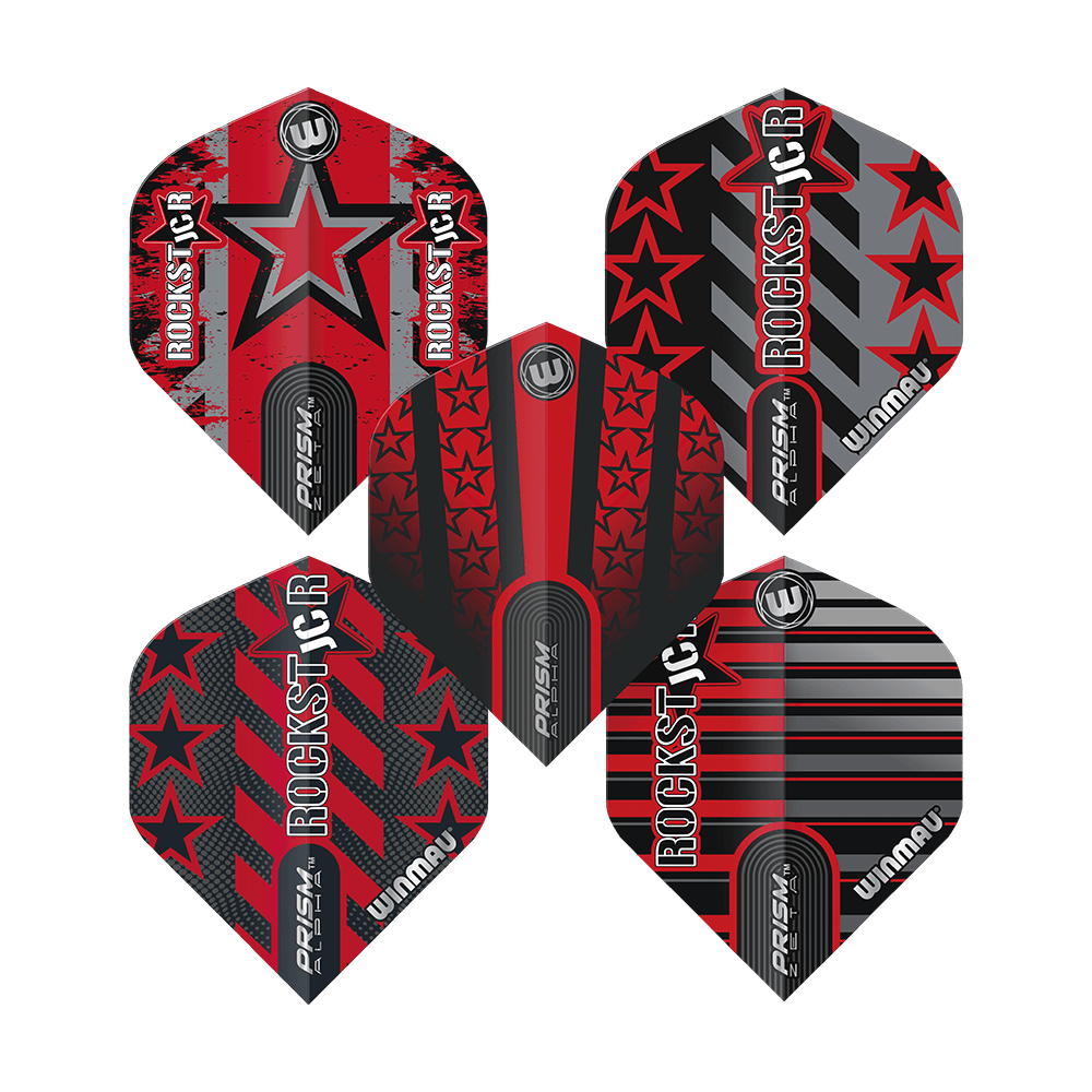 8138_Winmau_Joe_Cullen_Prism_Flight_Collection_2 Das Bild zeigt die "Winmau Joe Cullen Prism Flight Collection" mit fünf verschieden gestalteten Flights. Die Flights sind überwiegend in Rot, Schwarz und Grau gehalten und mit Sternen sowie dem Schriftzug "Rockstar" verziert.