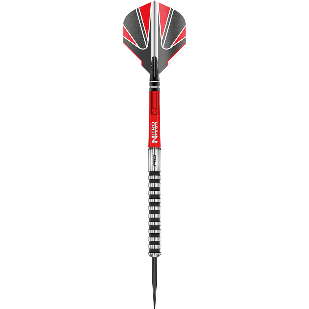 RD2140_Red_Dragon_Javelin_Black_Steeldarts_1wbfwpjEMaXFDP Das Bild zeigt einen Red Dragon Javelin Black Steeldart. Der Dartpfeil hat rote, schwarze und silberne Akzente sowie eine spitze Stahlspitze.
