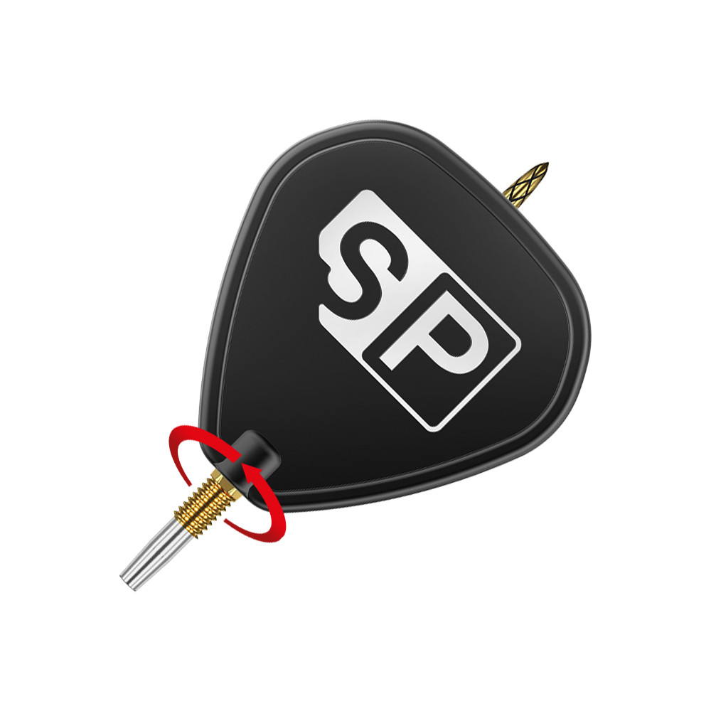 Target Swiss DS Surge Point Dartspitzen - Gold Das Bild zeigt eine schwarze Dartspitze mit der Aufschrift "SP" auf dem Flight. Ein roter Pfeil zeigt eine Drehbewegung an der goldenen Verschraubung der Spitze.