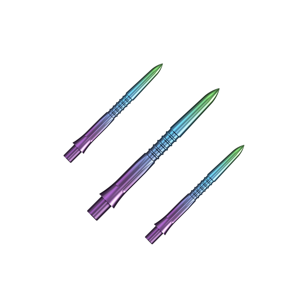Puntas de dardos Mission Caliburn EVO GV1 - Arcoíris Das Bild zeigt Steeldartspitzen in Regenbogenfarben mit einer Länge von 26 mm. Es handelt sich um ein Set namens Mission Caliburn EVO GV1.