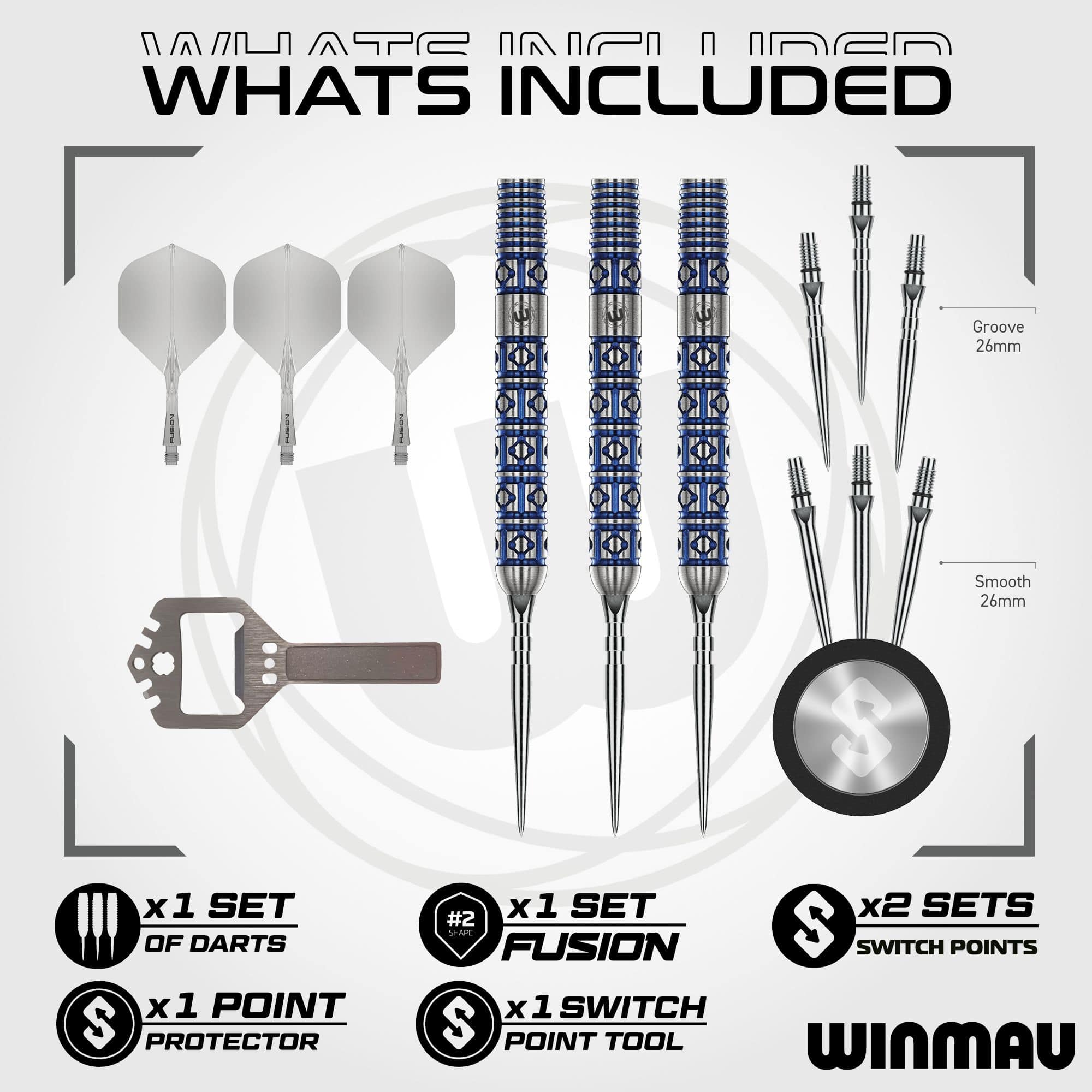 Abgebildet sind die Winmau Lunaris Parallel Switch Point Steeldarts. Diese Steeldarts zeichnen sich durch eine besondere Verarbeitung aus.