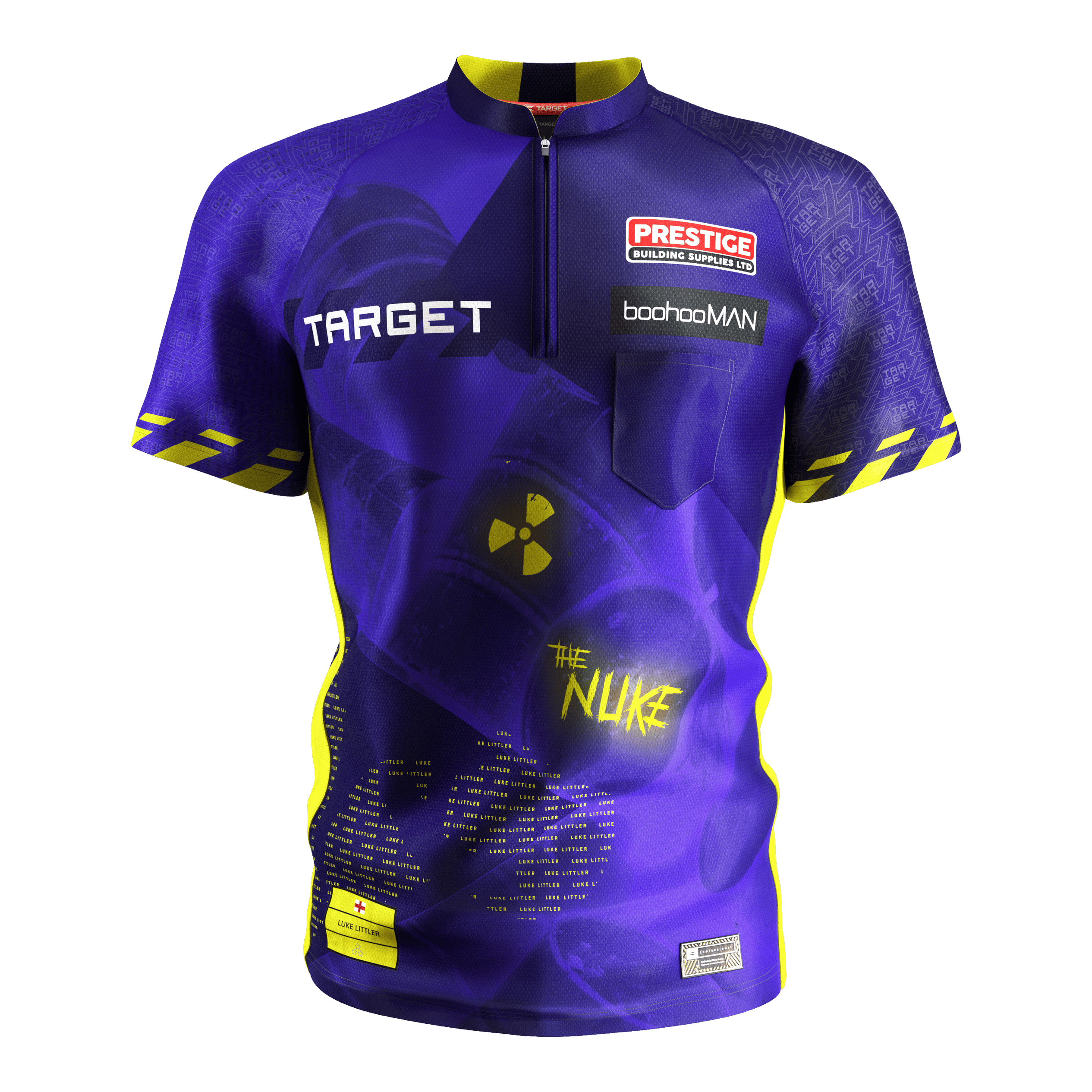 Camiseta de dardos Target Coolplay Luke Littler 2025 Das Bild zeigt das "Target Coolplay Luke Littler 2025 Dartshirt" in leuchtenden Lila- und Gelbtönen. Auf dem Shirt sind verschiedene Logos, Schriftzüge und ein auffälliges Symbol mit der Aufschrift „The Nuke“ zu sehen.