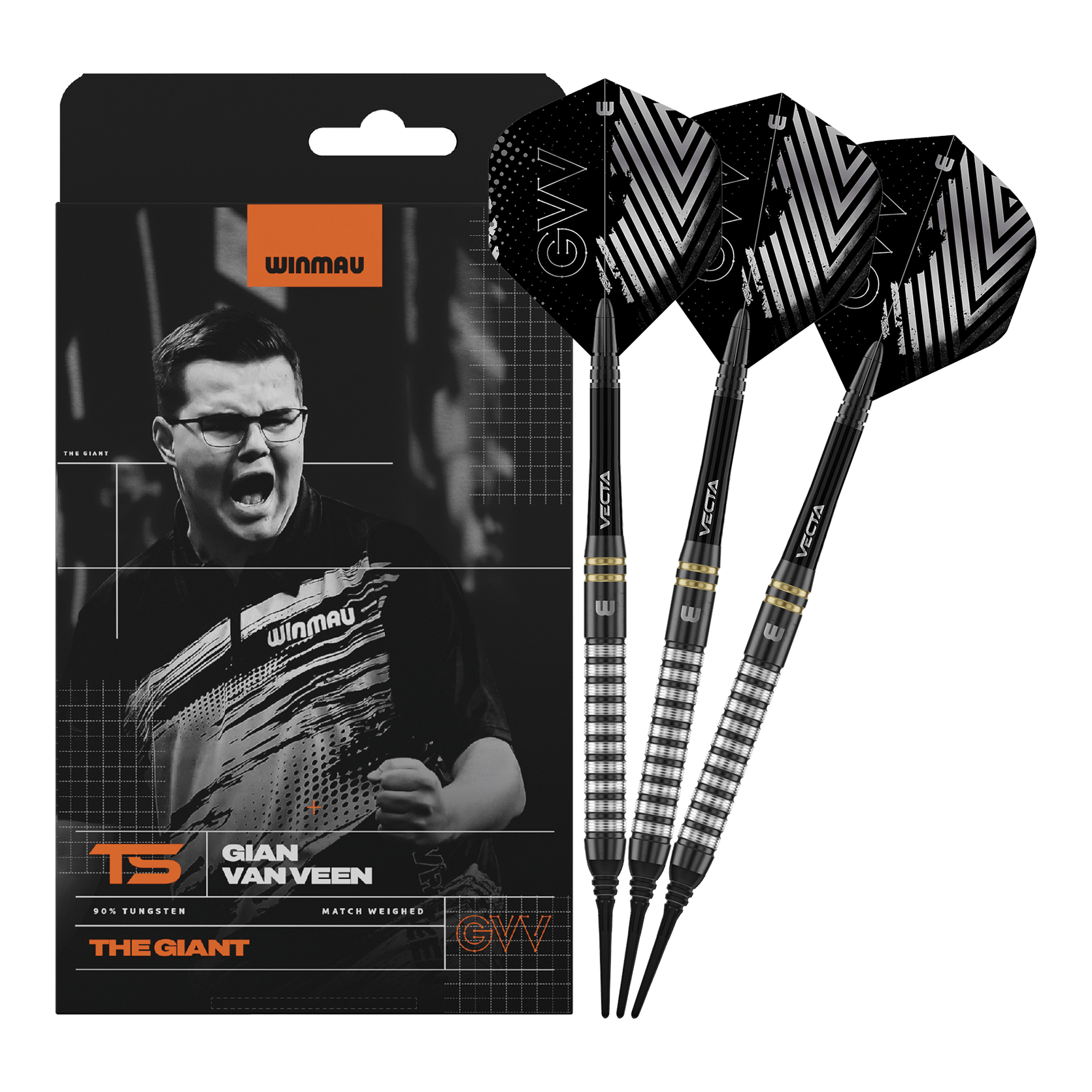 Winmau Gian Van Veen TS Softdarts - 18g Winmau Gian Van Veen TS Softdarts mit 18g werden komplett dargestellt. Alle drei Darts sind zusammen zu sehen.