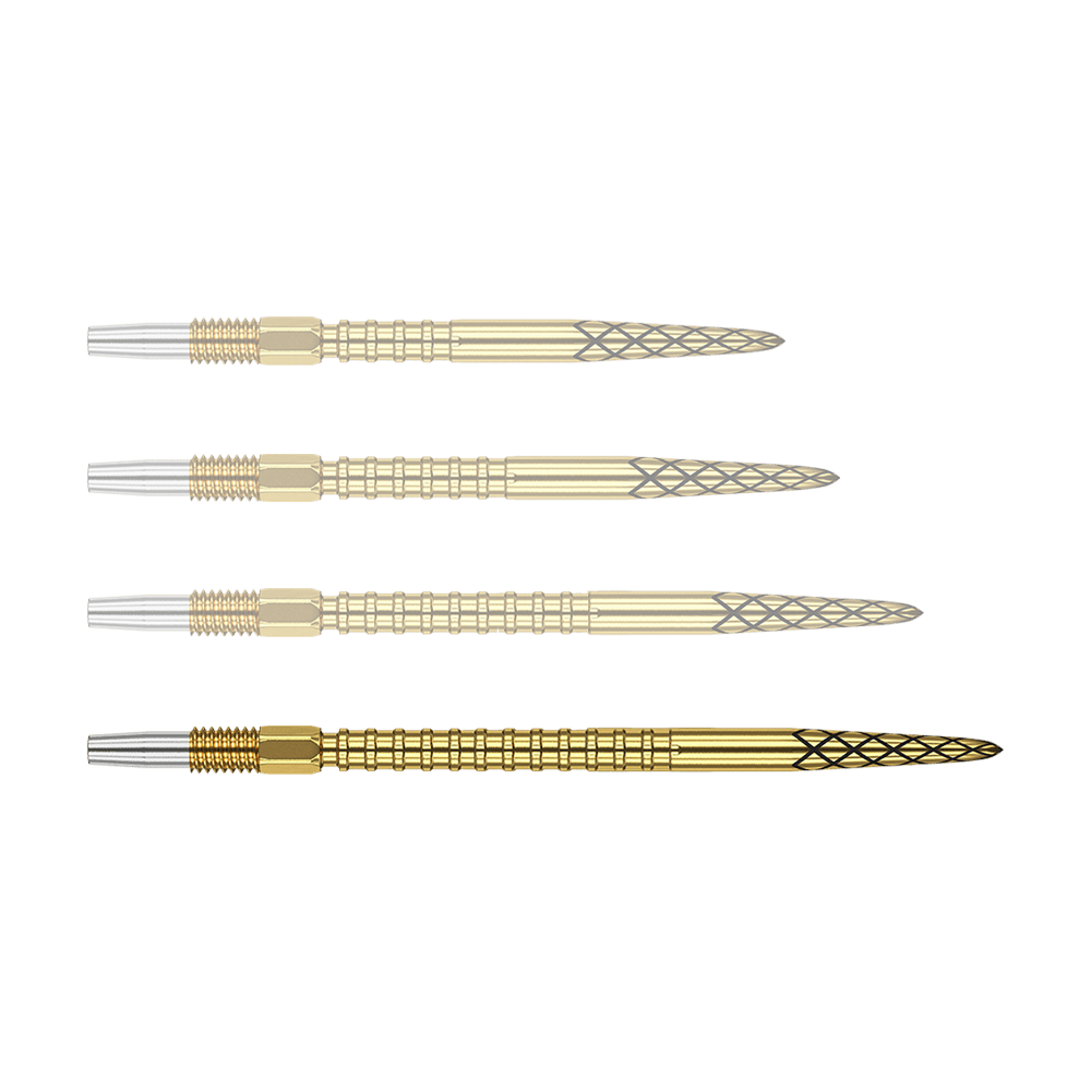 Pointes de fléchettes Target Swiss DS Surge Point - Or Das Bild zeigt vier goldene Dartspitzen mit einem silbernen Gewinde. Die Spitzen haben ein schwarz eingraviertes Rautenmuster.