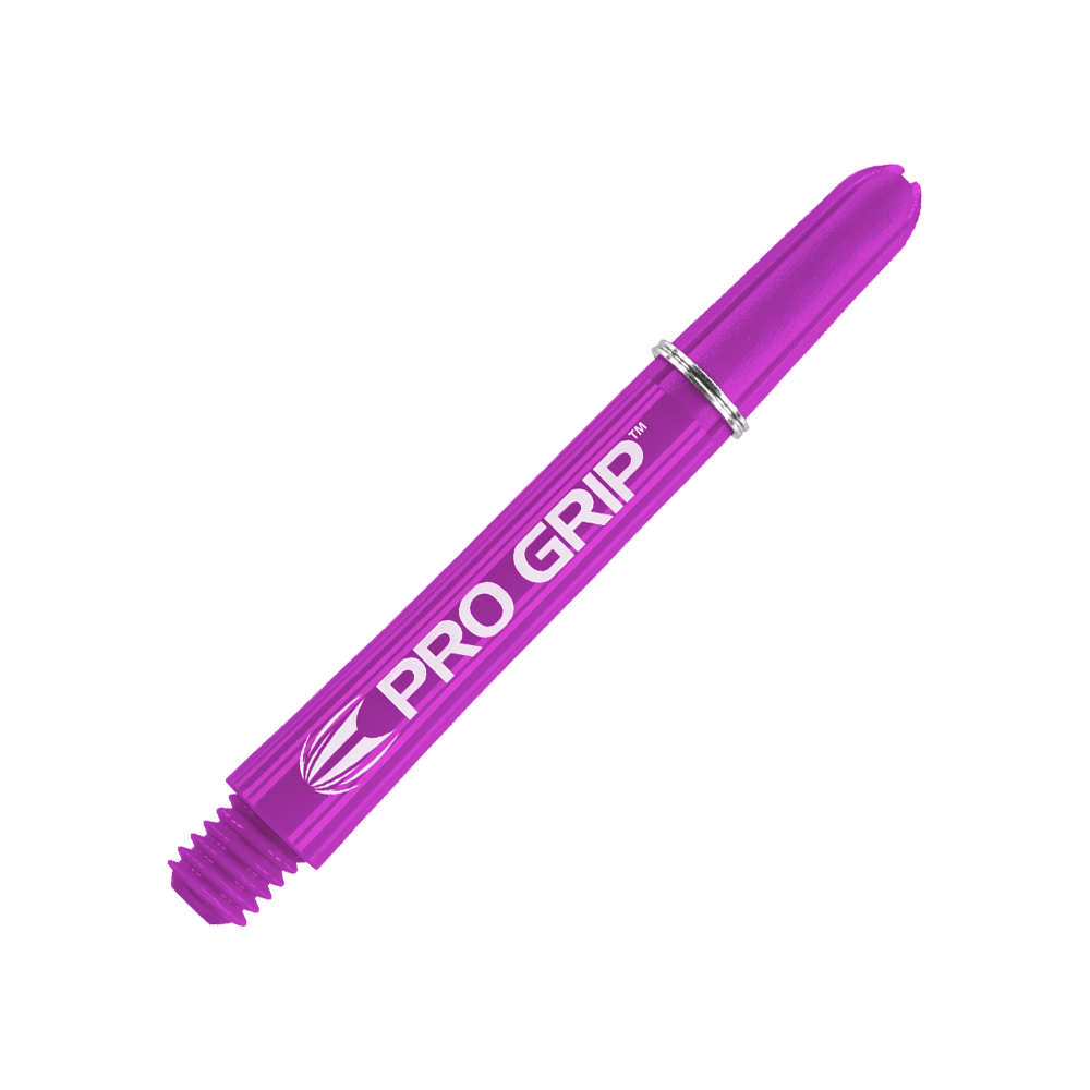 Tiges Target Pro Grip - 3 jeux - Violet Das Bild zeigt einen lilafarbenen Dartshaft mit der Aufschrift "PRO GRIP". Der Shaft ist 41 mm lang und hat ein Schraubgewinde am Ende.