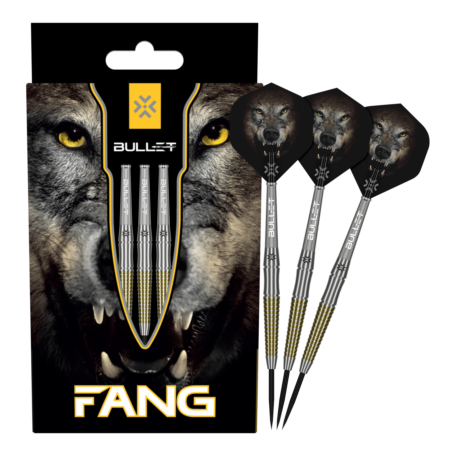 Ocelové šipky Bullet Fang Auf dem Bild sind die Bullet Fang Steeldarts komplett zu sehen. Die Steeldarts sind in voller Länge dargestellt.