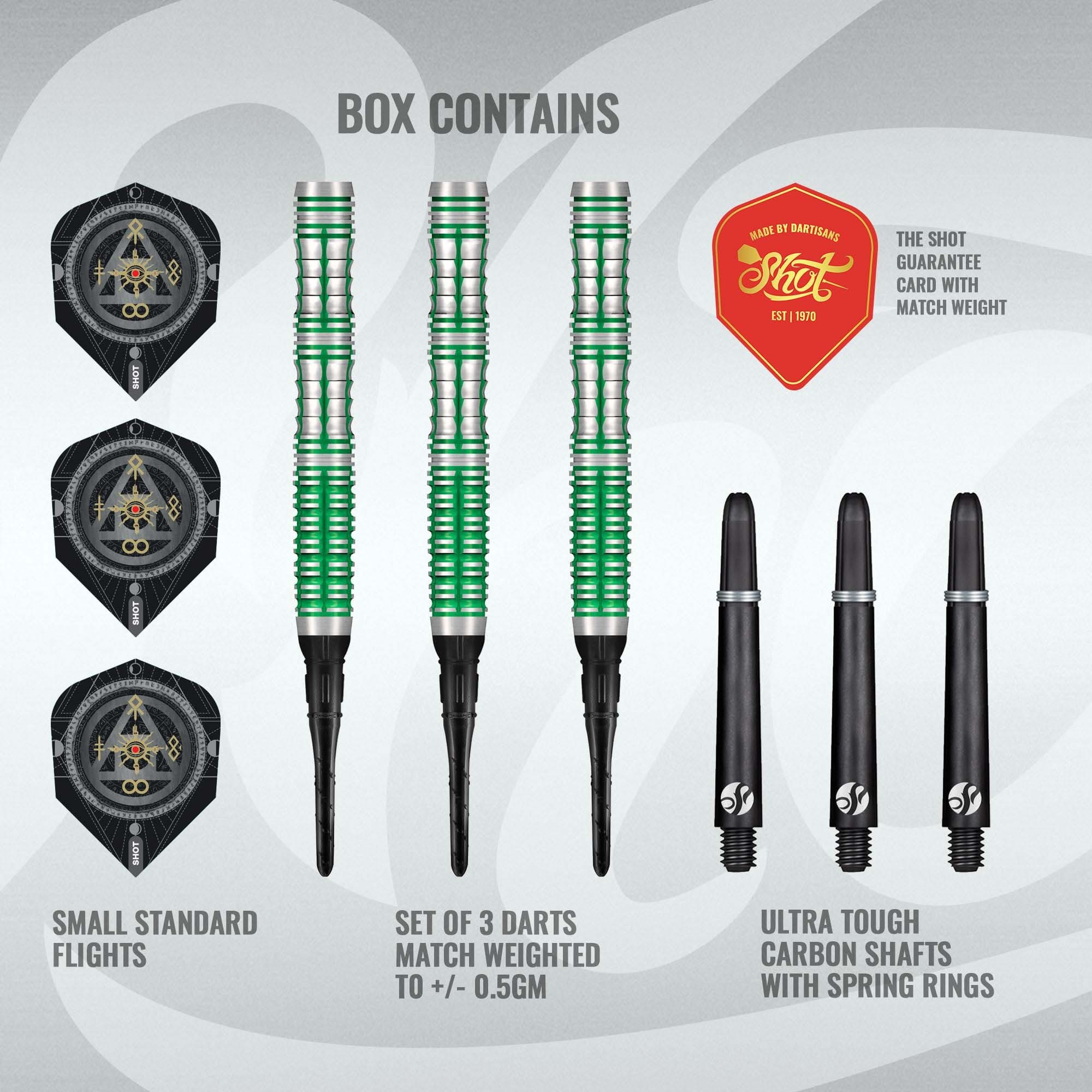 Měkké šipky Shot Alchemy Mythril - 20g Hier sind die Shot Alchemy Mythril Softdarts - 20g abgebildet. Die Darts sind für das Spiel an Softdart-Automaten gedacht.