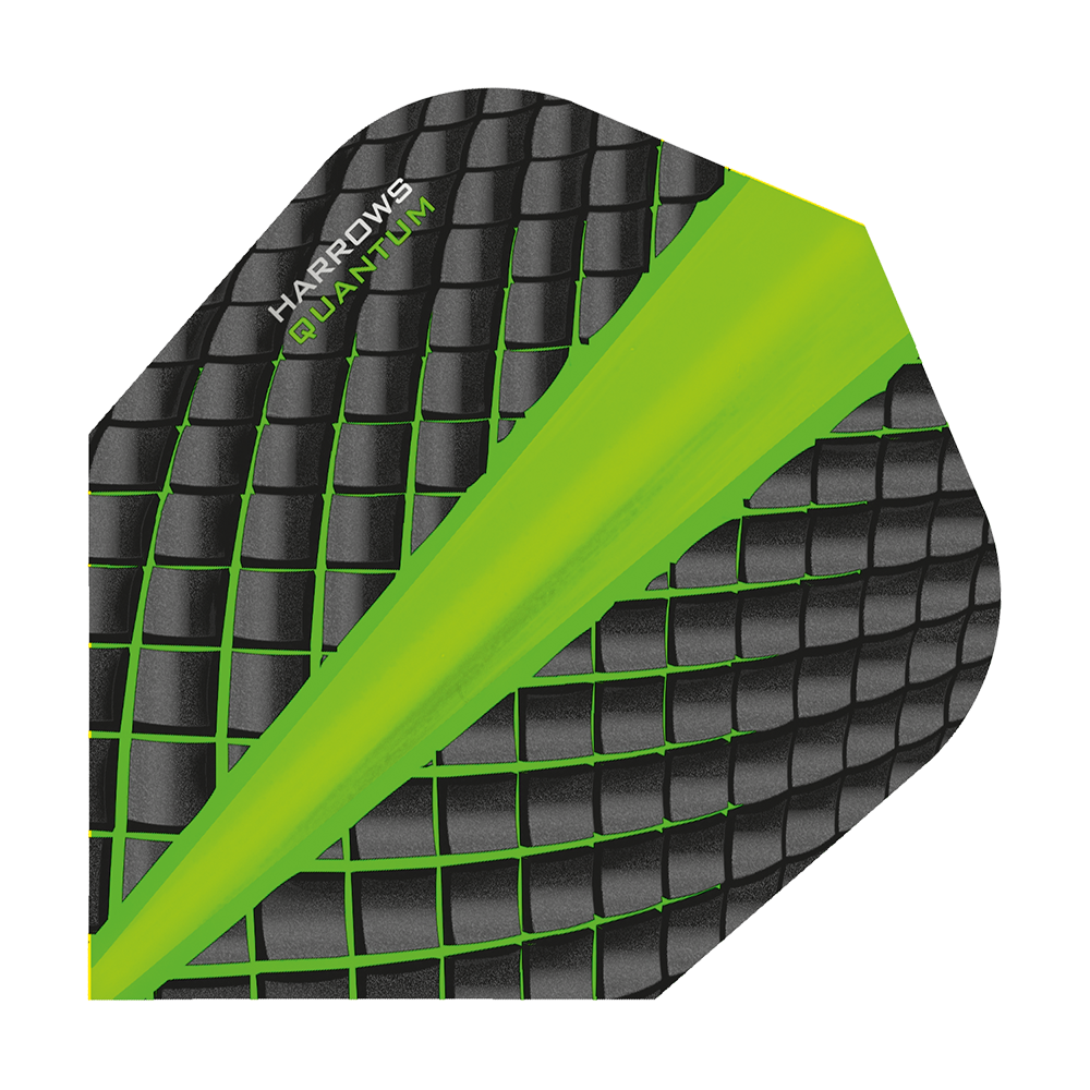 HR6800_Harrows_Quantum_Gr-n_No6_Flights_1 Das Bild zeigt ein Harrows Quantum No6 Dart-Flight in Grün. Das Flight hat ein schwarzes, schuppenartiges Muster mit einem leuchtend grünen Streifen in der Mitte.