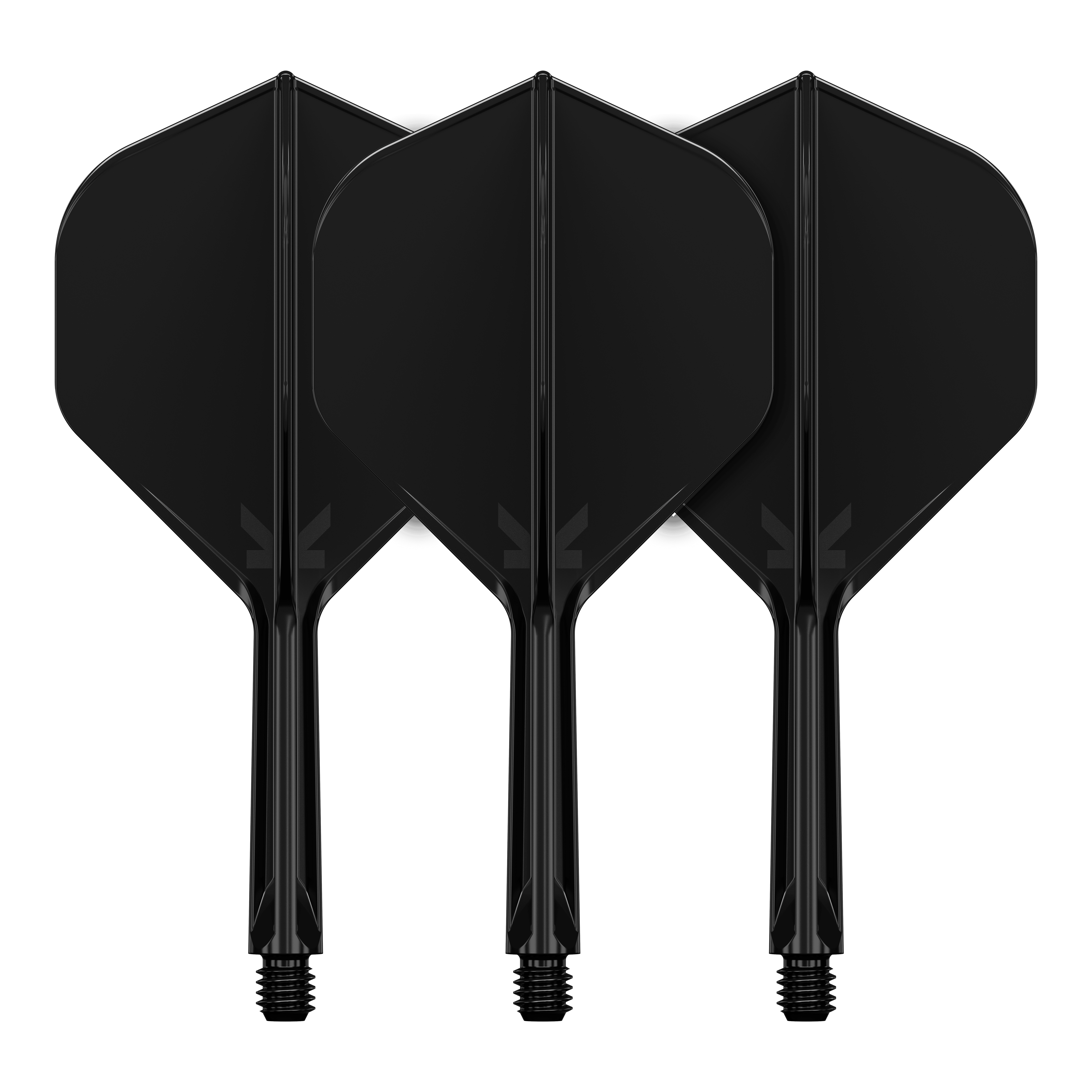 Target K-Flex No2 Standard Flight System - Black Das Bild zeigt drei schwarze Dartflights mit integrierten Schäften. Sie sind nebeneinander angeordnet und haben ein schlichtes, einfarbiges Design.