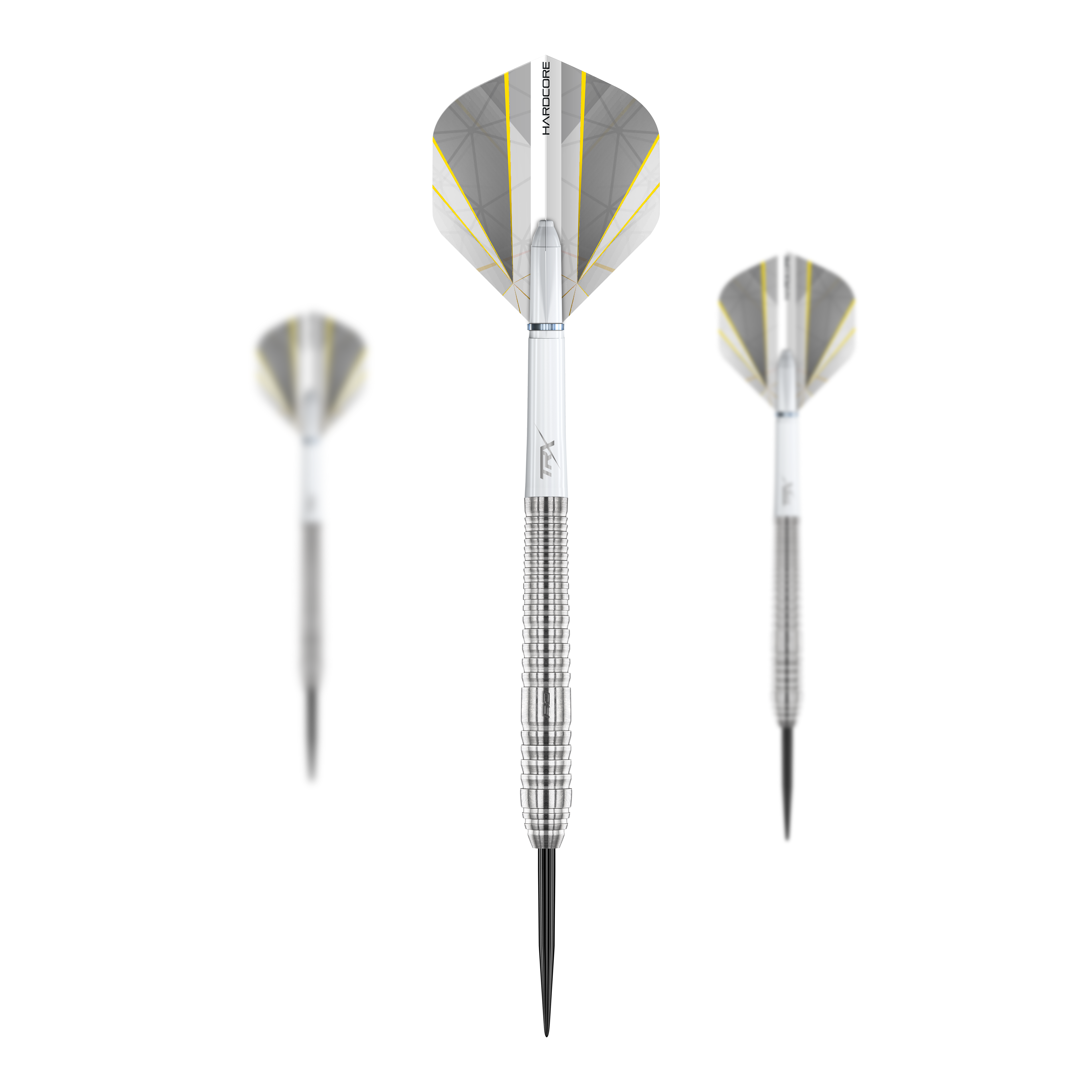 Red Dragon Seren 2 Pure Steeldarts Das Bild zeigt drei Red Dragon Seren 2 Pure Steeldarts mit silbernen Schäften und weißen Flights. Die Darts sind elegant designt und zeigen feine gelbe Linien auf den Flights.