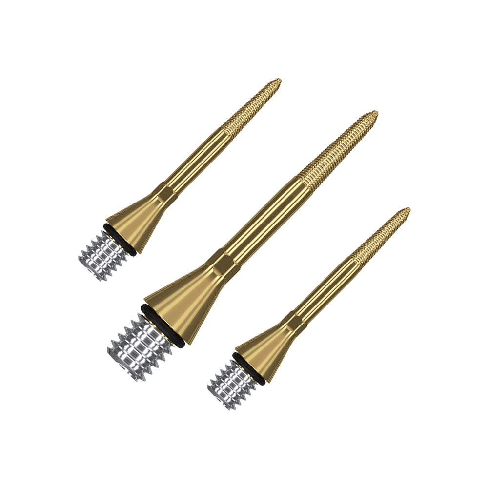 380166_Target_Titanium_Swiss_Point_Nano_Conversion_Points_Gold_26mm_1 Das Bild zeigt drei goldene Target Swiss Point Nano Conversion Points. Diese Dartspitzen sind metallisch glänzend und haben ein schlankes, geriffeltes Design.