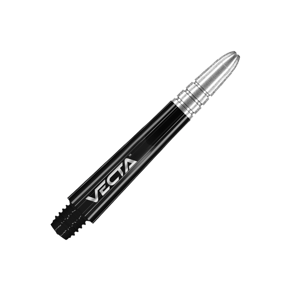 Winmau Vecta Shafts - Schwarz Silber Auf dem Bild ist ein schwarzer und silberner Dartshaft mit der Aufschrift "VECTA" zu sehen. Der Shaft hat ein glänzendes Design und ist aus Metall gefertigt.