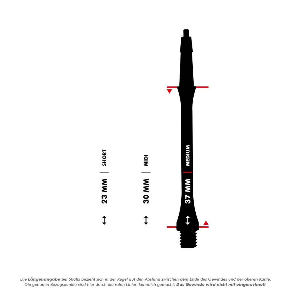 HRC-12602_Harrows_Clic_Slim_Shafts_White_5_37mm Das Bild zeigt drei verschiedene Längen der Harrows Clic Slim Shafts in Weiß: Short (23 mm), Midi (30 mm) und Medium (37 mm). Die Längen werden durch rote Linien markiert und beziehen sich auf den Abstand zwischen dem Gewindeende und dem oberen Rand.