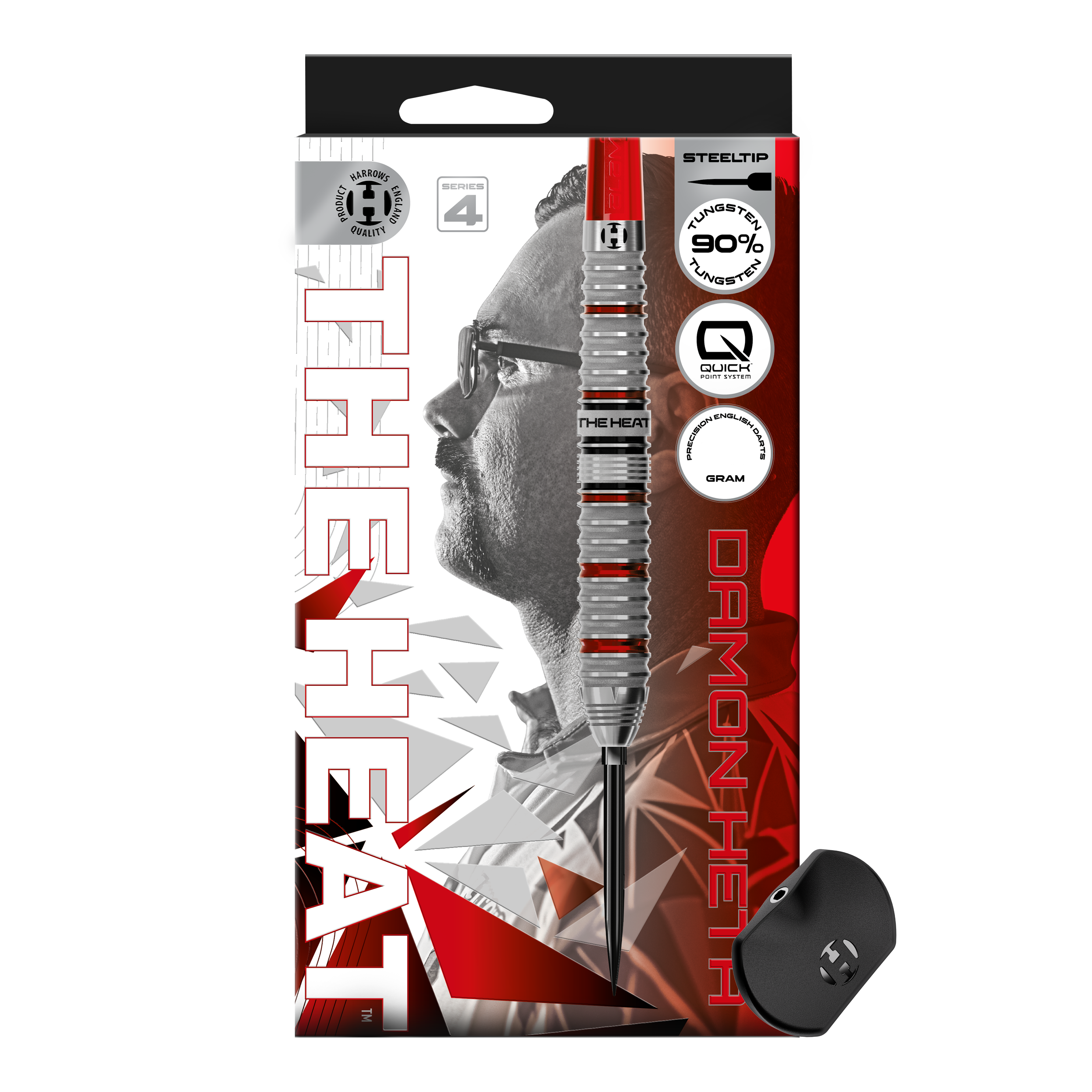 Abgebildet sind die Harrows Damon Heta Series 4 Quick Point Steeldarts. Diese Darts zeichnen sich durch ein modernes Design und ausgezeichnete Flugeigenschaften aus.