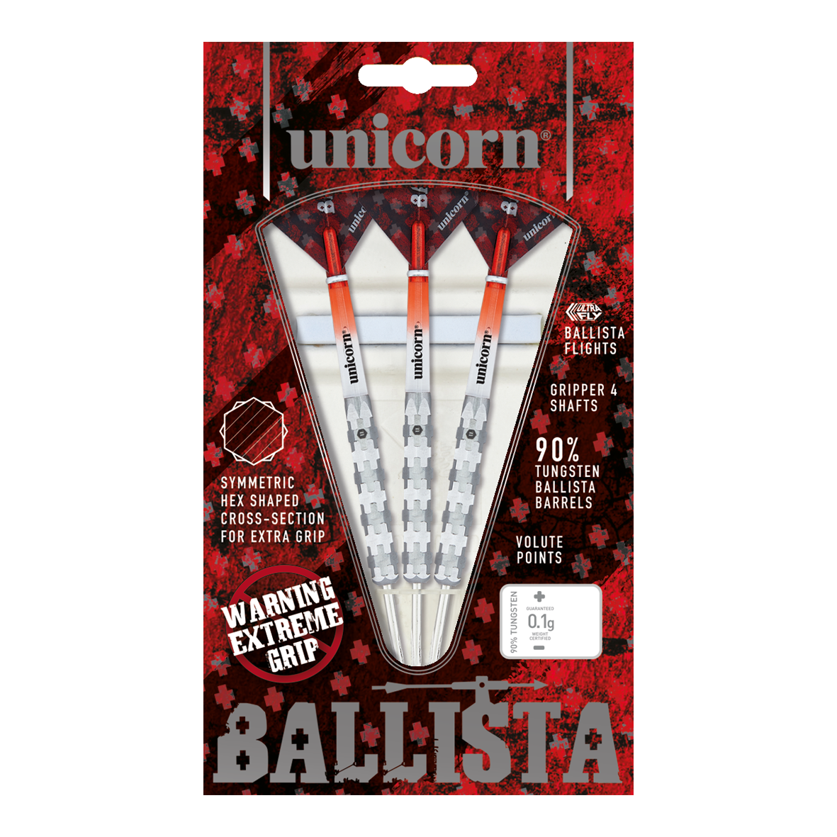 Dardos de acero Unicorn Ballista Style 1 Das Bild zeigt die "Unicorn Ballista Style 1 Steeldarts" in ihrer Verpackung. Die Darts haben einen extremen Grip und bestehen zu 90% aus Tungsten.