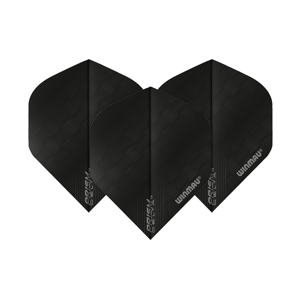 6915-201_Winmau_Prism_Delta_6915-201_Standard_Flights_1xRb3m8bLQuy6Q Das Bild zeigt drei schwarze Dart-Flights des Modells "Winmau Prism Delta 6915.201 Standard". Sie haben ein dezentes Karomuster und das Winmau-Logo ist darauf zu sehen.
