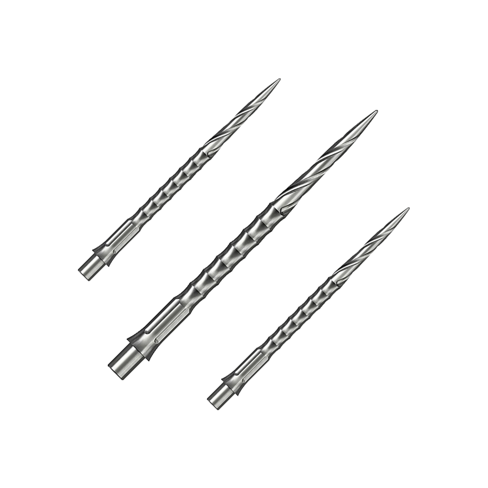 Caliburn System steel dart tips - Spiro - NoLip - silver Das Bild zeigt vermutlich eine Steeldartspitze aus Silber mit einer Länge von 36 mm. Es handelt sich um eine Spiro NoLip Spitze aus dem Caliburn Evo System.