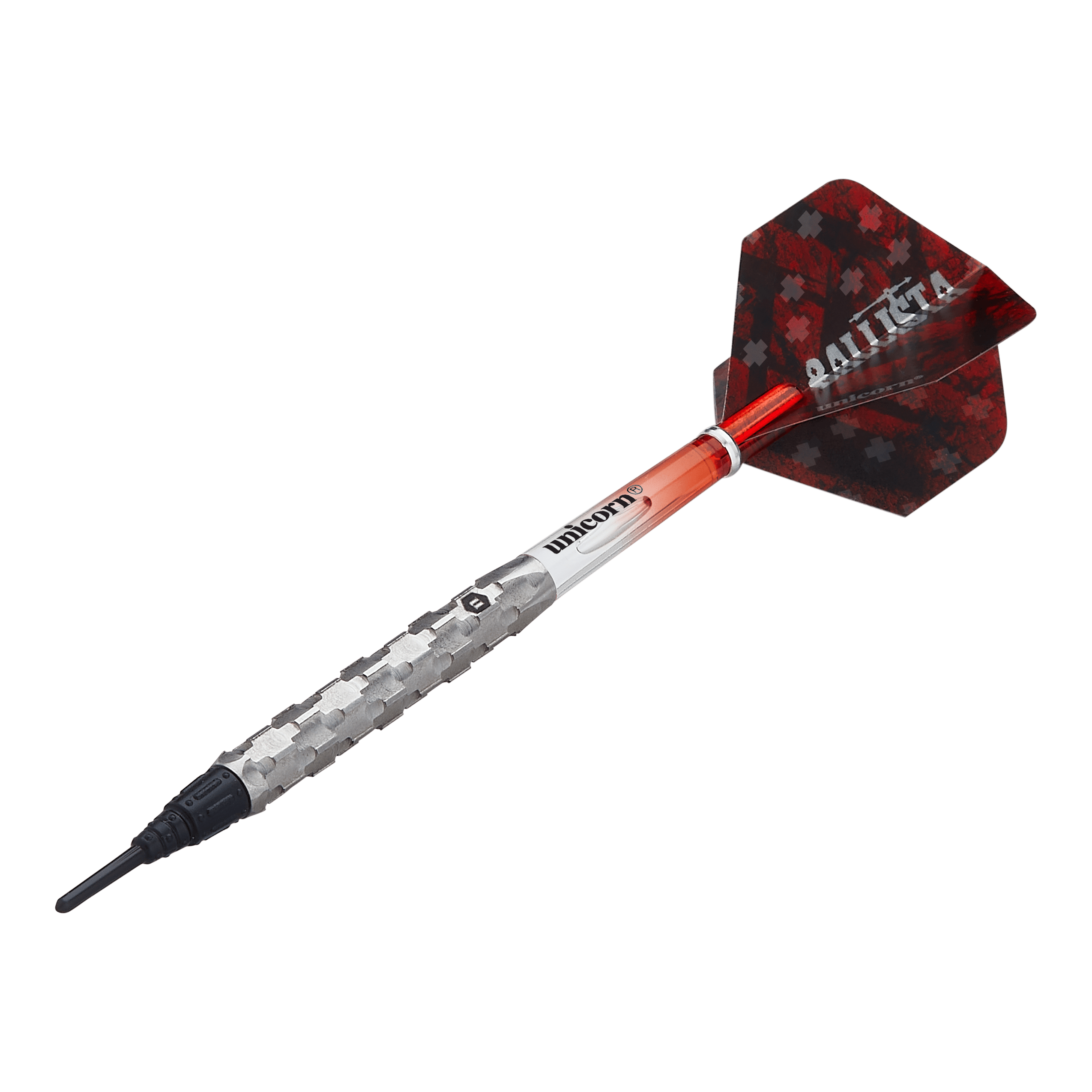 Fléchettes souples Unicorn Ballista Style 1 Das Bild zeigt einen Unicorn Ballista Style 1 Softdart. Der Dart hat ein silbernes Griffstück, einen roten Schaft und schwarze Flights mit der Aufschrift "BALLISTA".
