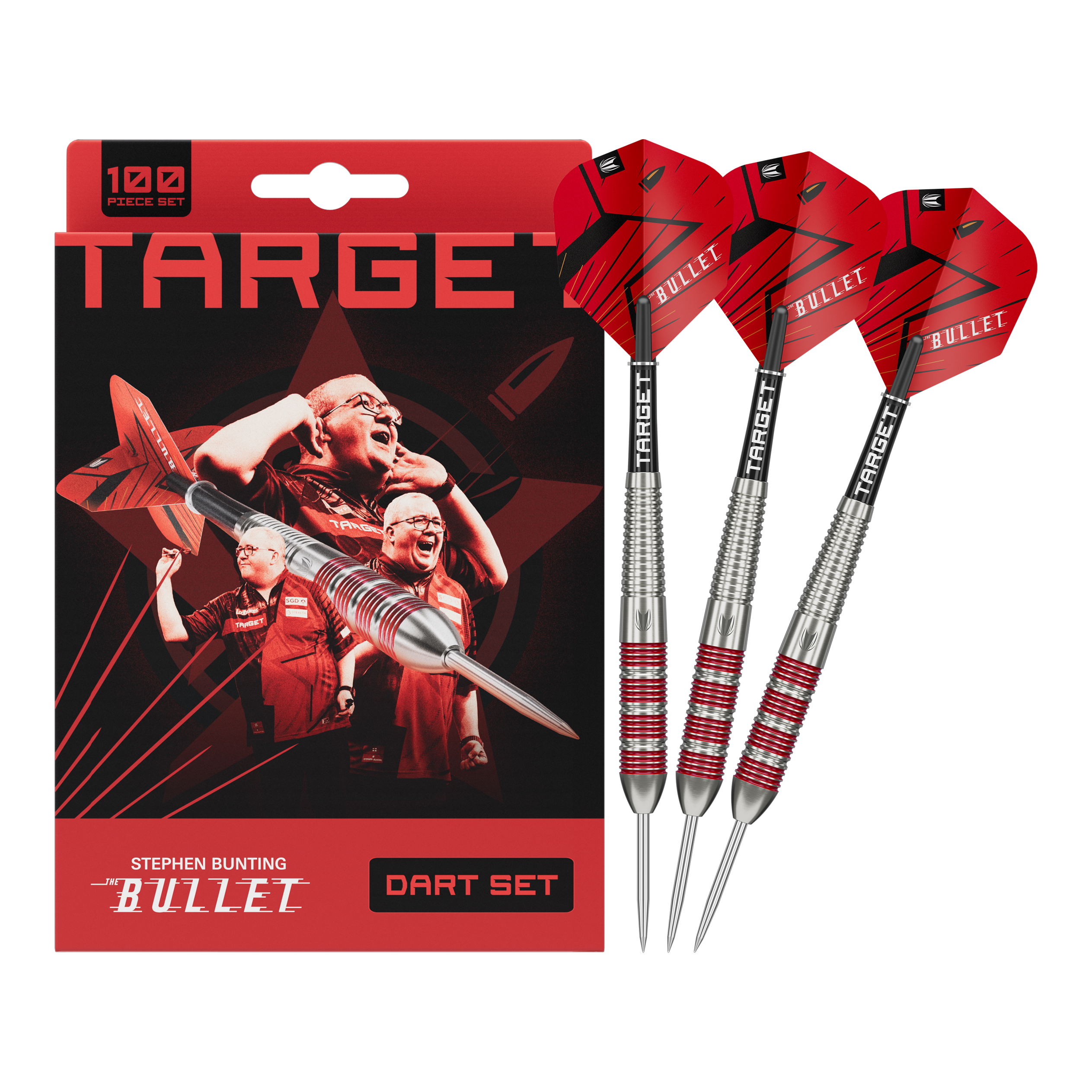 Sada šípů Target Stephen Bunting Bullet, 100 kusů, mosazné ocelové šipky - 22g Das Target Stephen Bunting Bullet Brass Steeldart Set 22g ist vollständig zu sehen. Das Set ist geordnet ausgebreitet.