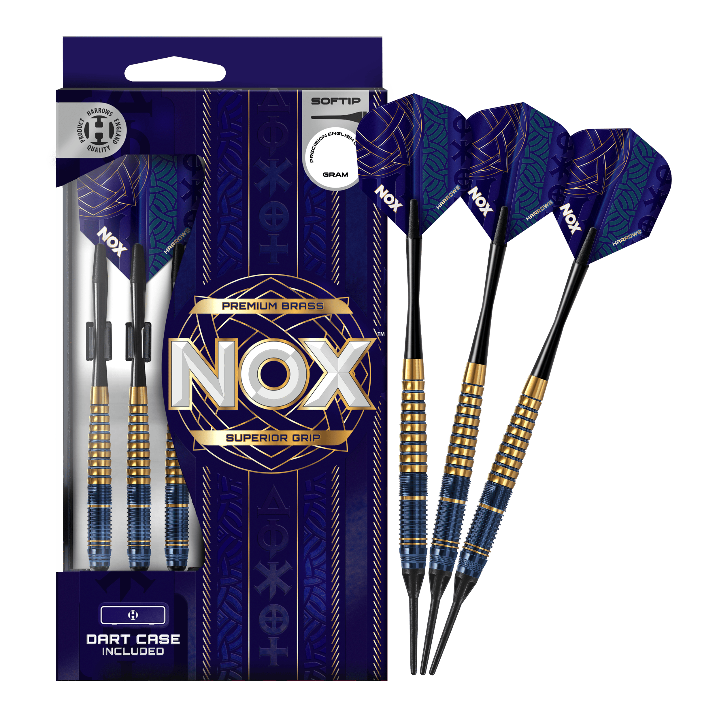Dardos blandos de latón premium Harrows Nox Das Bild zeigt die Harrows Nox Premium Brass Softdarts. Es handelt sich um hochwertige Dartpfeile für Softdart-Spieler.