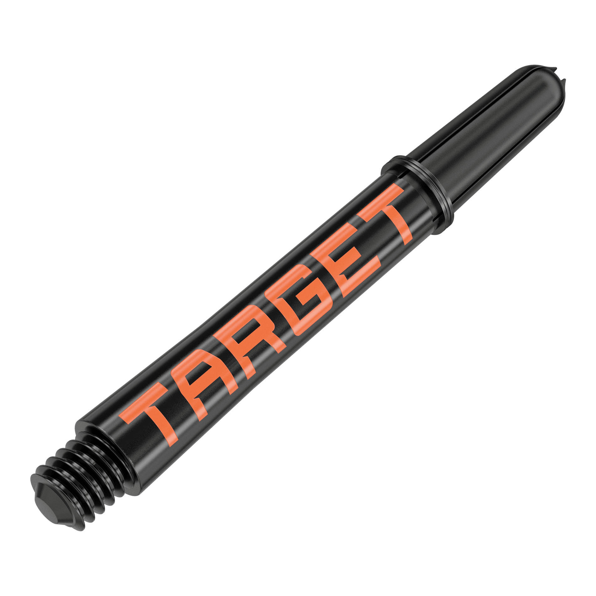 Tiges Target Pro Grip TAG - 3 jeux - Noir Orange Das Bild zeigt einen schwarzen Dartshaft mit orangefarbener Aufschrift "TARGET". Der Shaft ist aus Kunststoff und hat ein Schraubgewinde am unteren Ende.