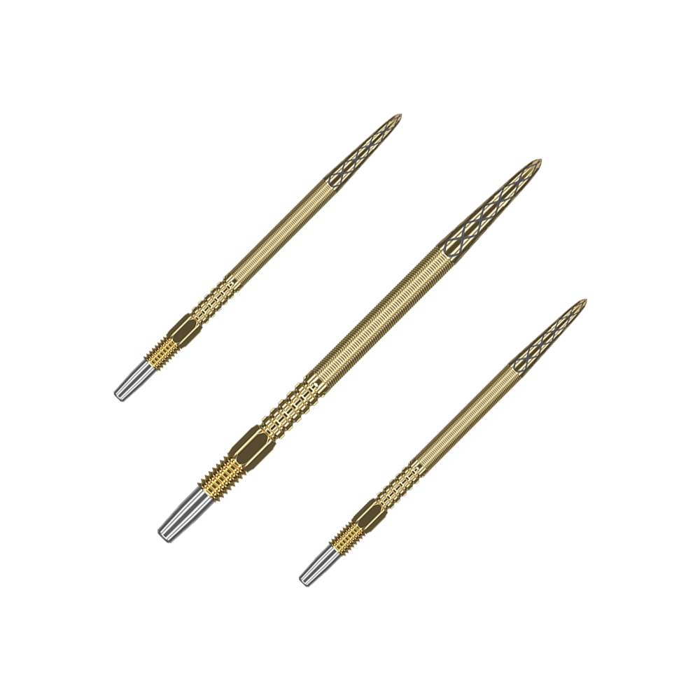 Target Swiss Point DX dart tips - gold Auf dem Bild sind drei goldene Dartspitzen zu sehen. Sie haben ein feines Rillenmuster und silberne Enden.