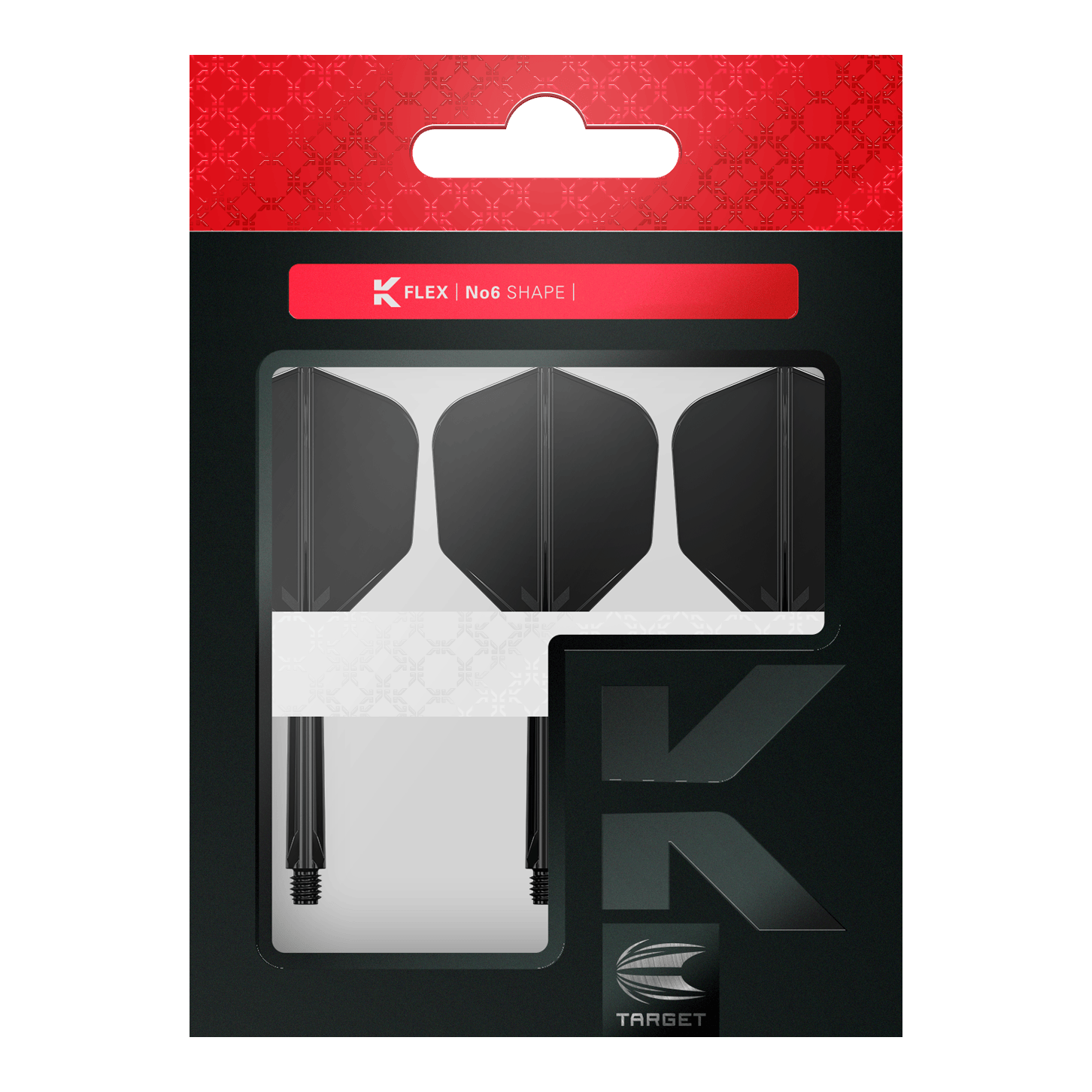 Letový systém Target K-Flex No6 - černý Dieses Bild zeigt eine Packung mit schwarzen Dart-Flights und Schäften von der Marke Target. Die Verpackung ist überwiegend schwarz mit einem roten Abschnitt oben und trägt die Aufschrift "K Flex No6 Shape".